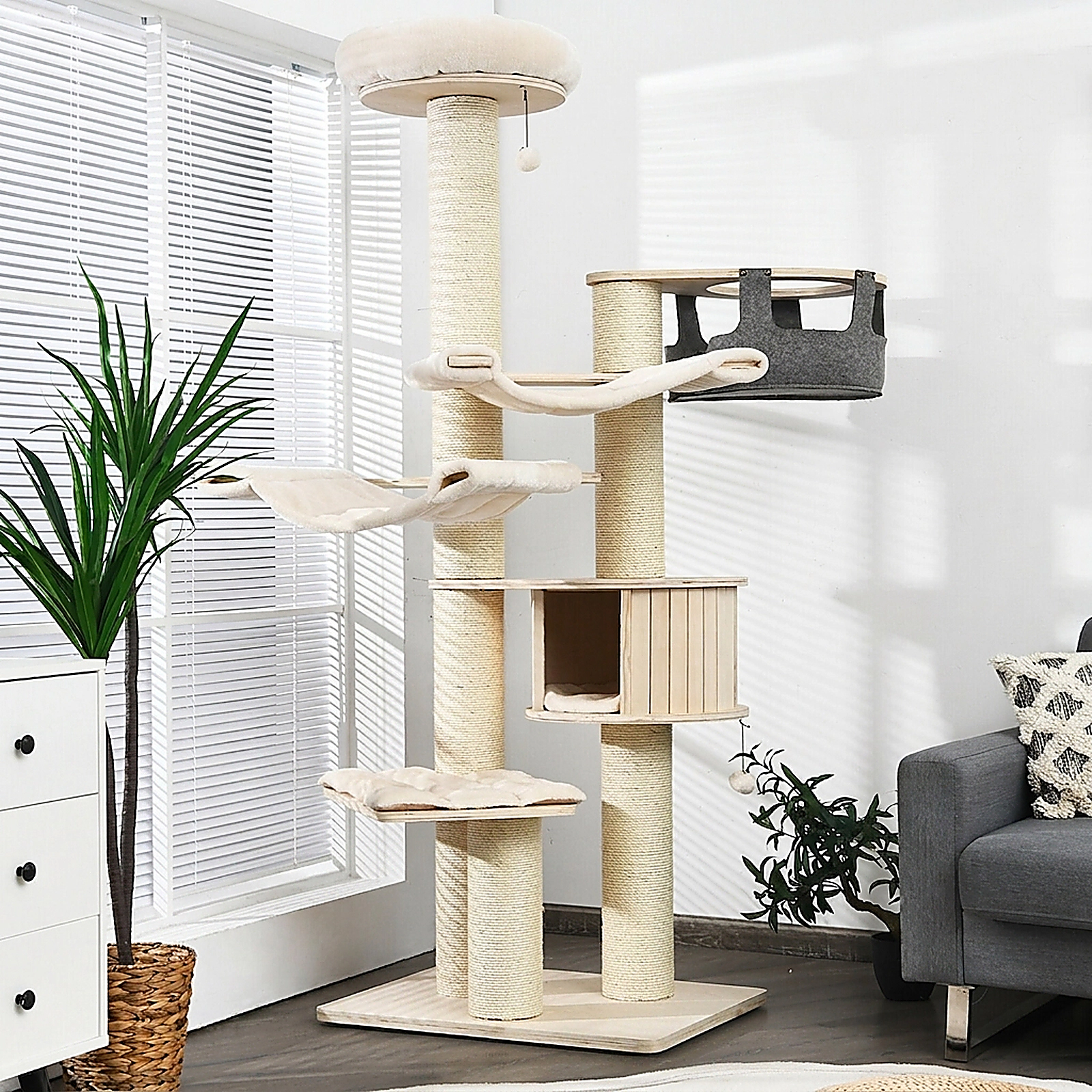 SUGIFT 77.5-in Beige Extra Tall Multi-Level Cat Tree Tower with Condo Sisal Posts and 33-lb Tiers