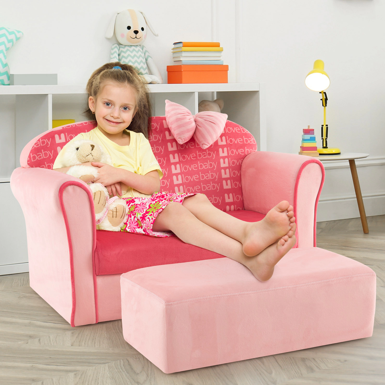SUGIFT Ultra Soft Velvet Kids Sofa Chair with Ottoman 220-lb Couch 110-lb Ottoman Capacity Ages 0-5 Pink