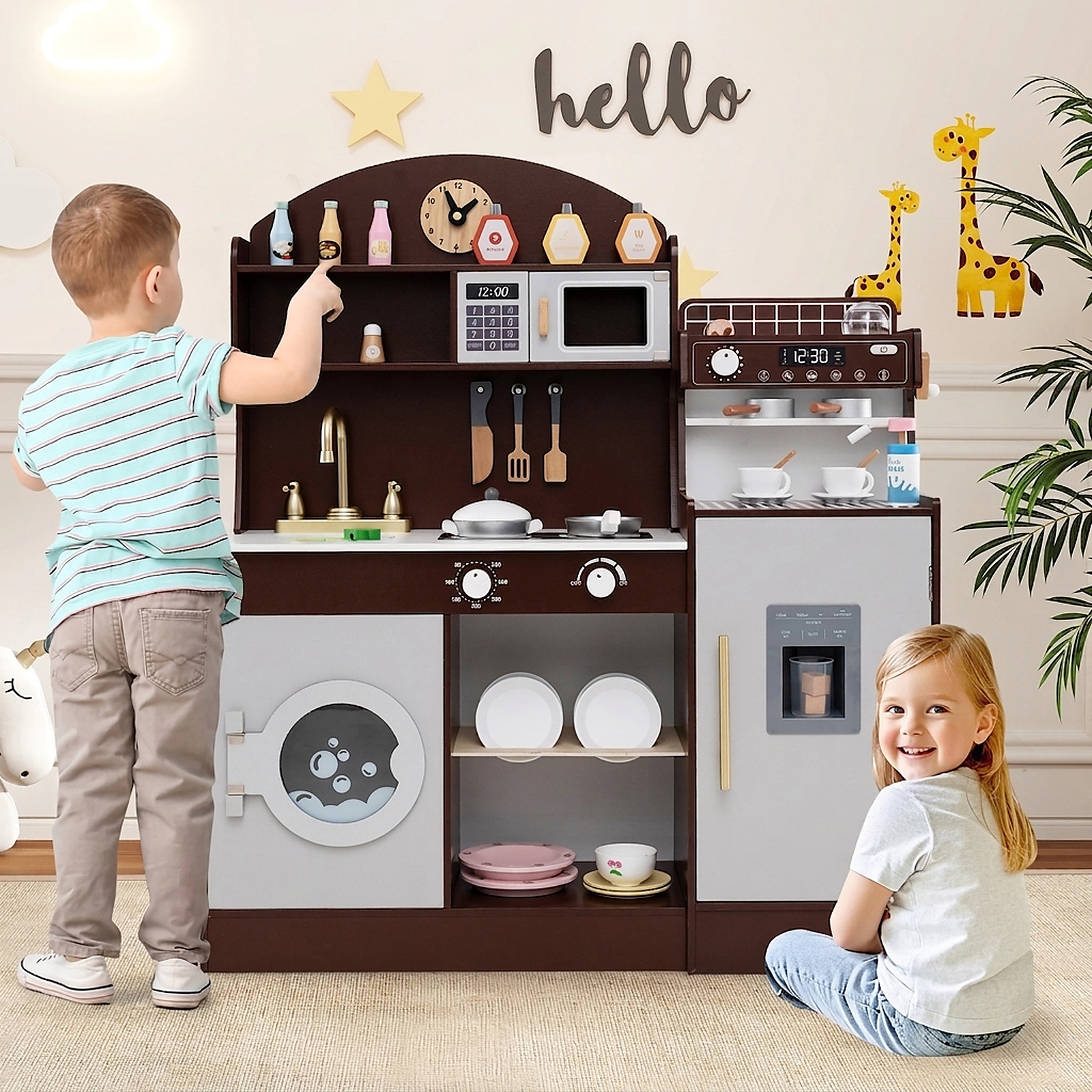 Kids Wooden Kitchen Set Coffee Maker Ice Maker 27-pc Accessories Dual Counters 42-in x 12-in x 41-in White