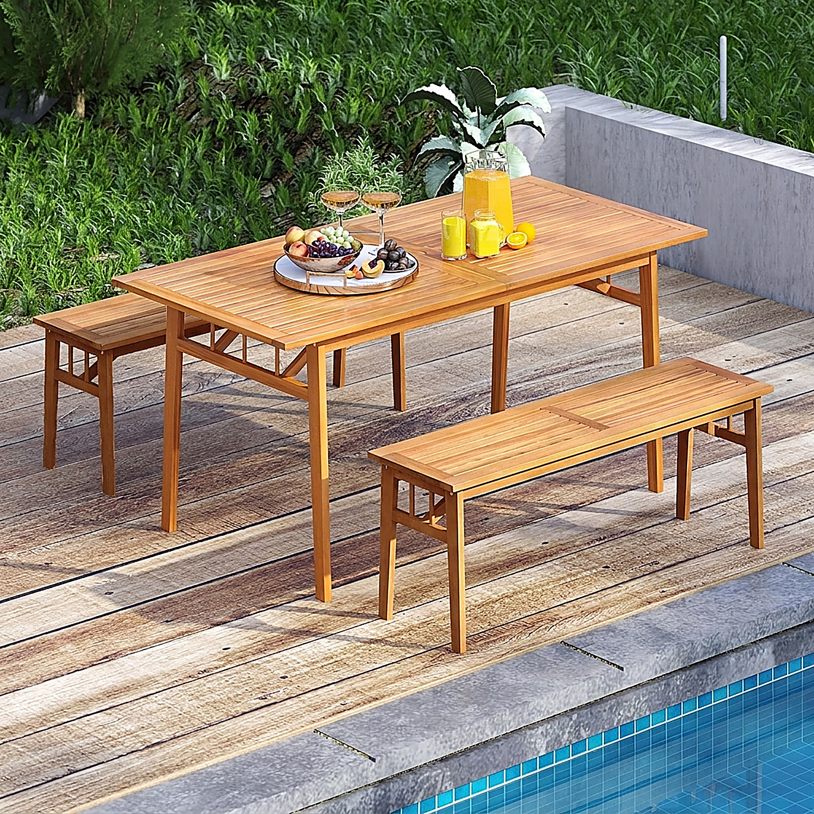 SUGIFT 3 Piece Patio Picnic Set Acacia Wood 63 in Table with 2 Backless Benches