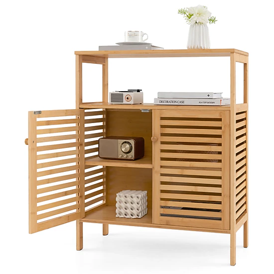 Glintex Bamboo Bathroom Cabinet with Shutter Doors and 145-Lb Total Capacity, Natural