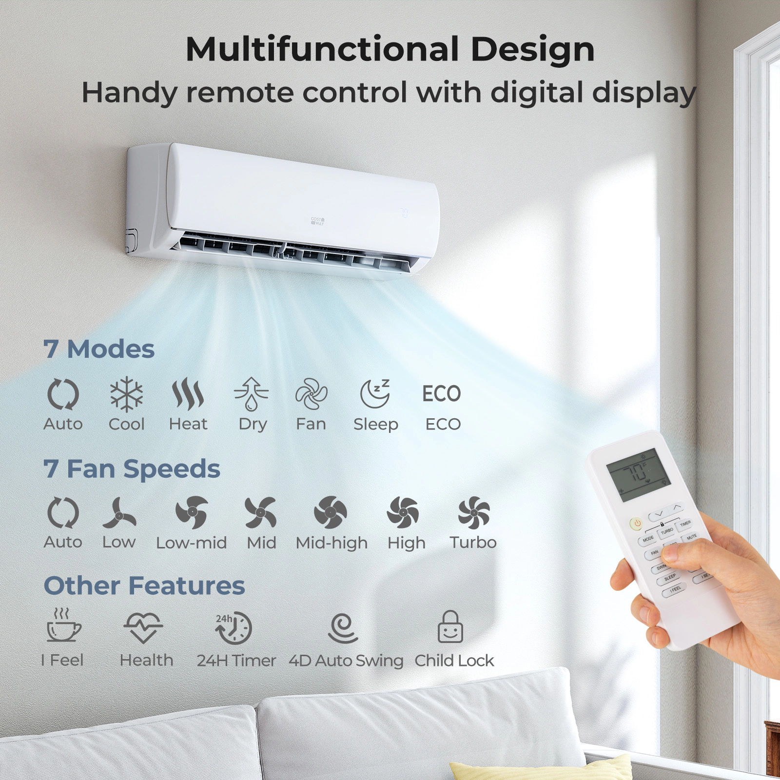 LJG EchoCool Series 11500 BTU 115V Mini Split Air Conditioner and Heater Pump System Wifi Enabled