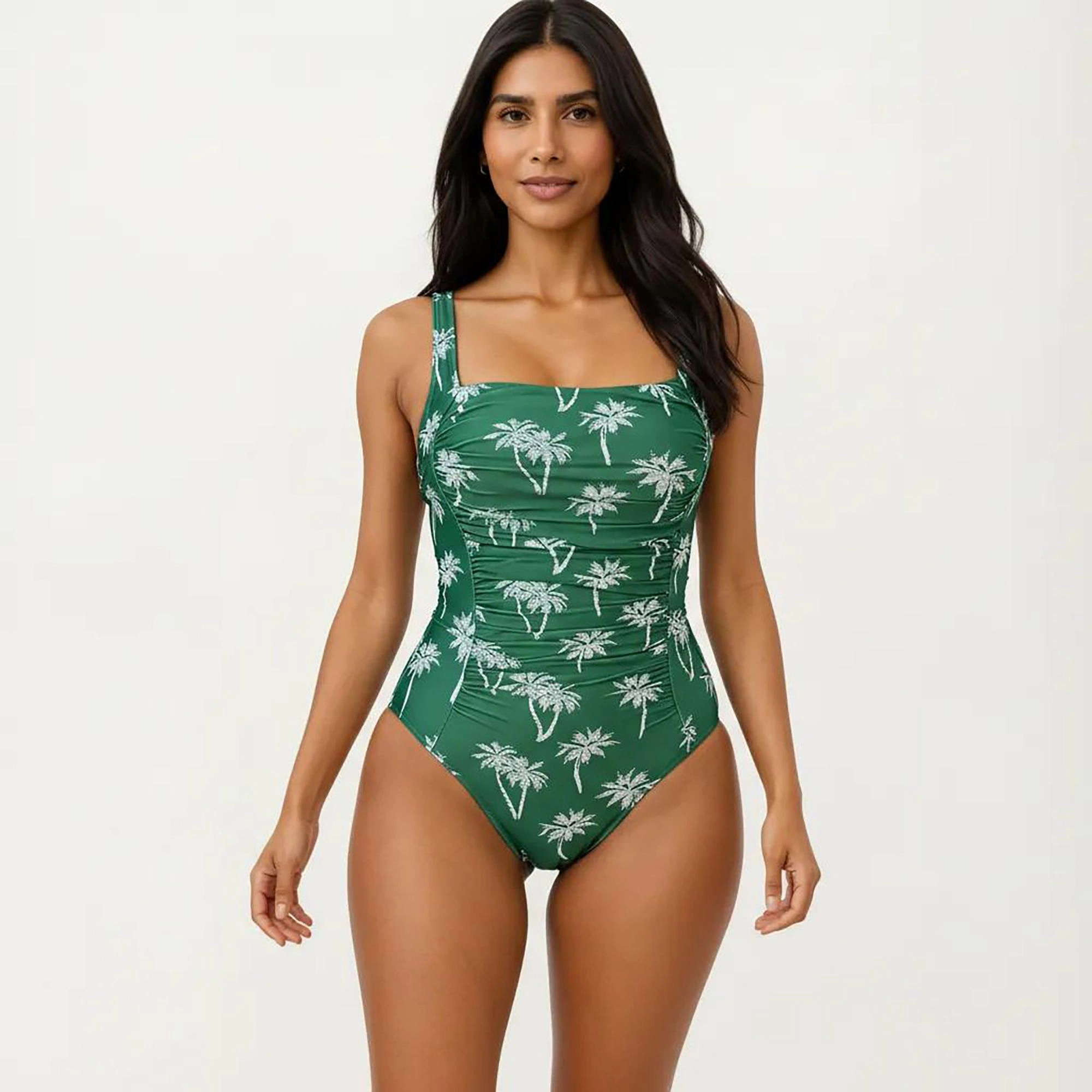 Anna-Kaci Women Palm Print One Piece Swimsuit - Square Neckline, Ruched Tummy Control