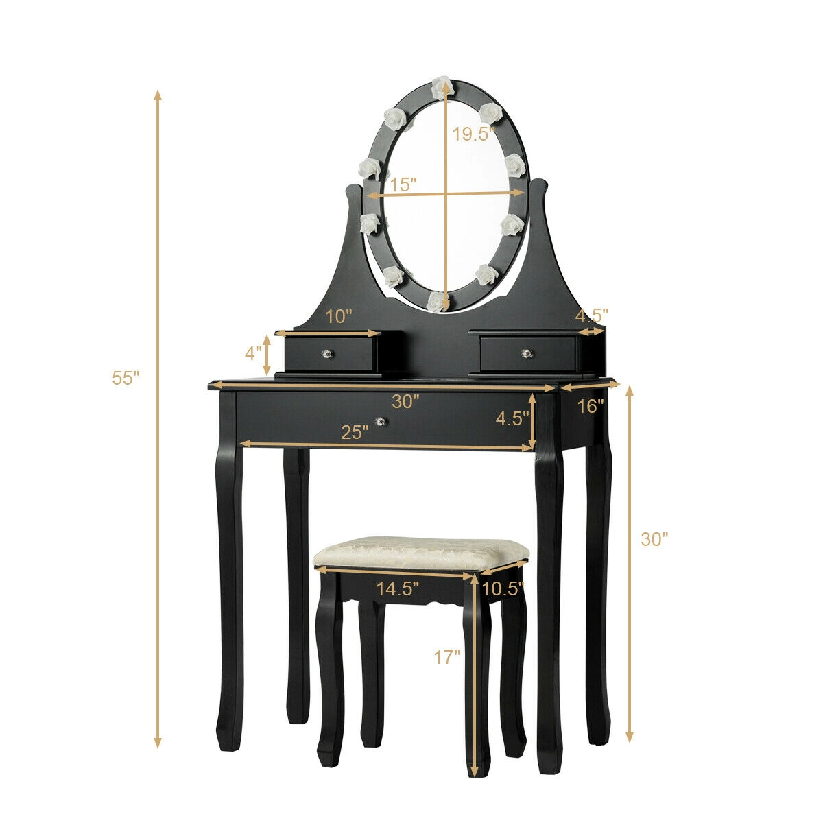 SUGIFT 3-Drawer Lighted Mirror Vanity Dressing Table and Stool Set with 360-Degree Rotating Oval Mirror Black