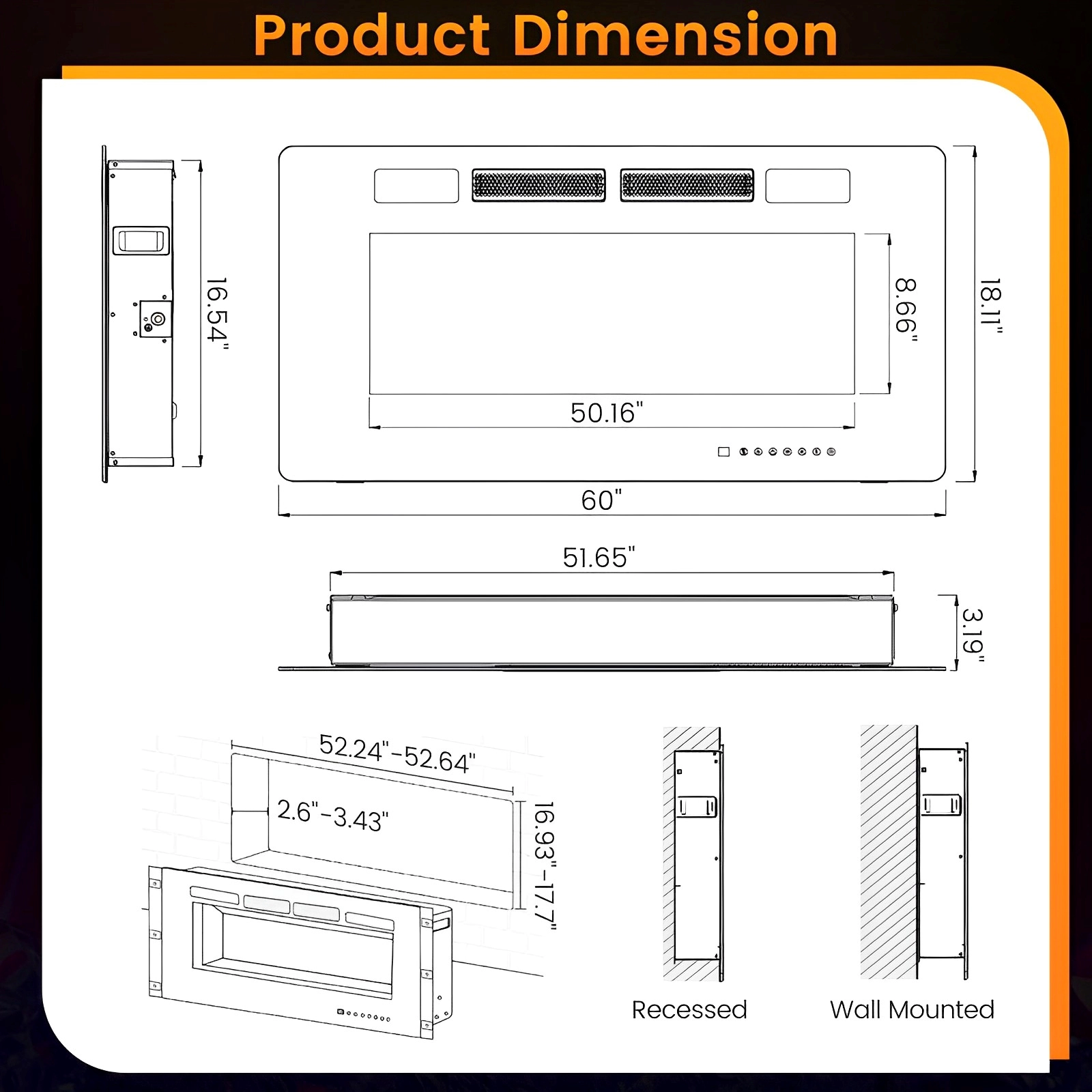 SUGIFT 60-Inch Ultra-Thin Electric Fireplace, Wall-Mounted or Recessed, App and Voice Control