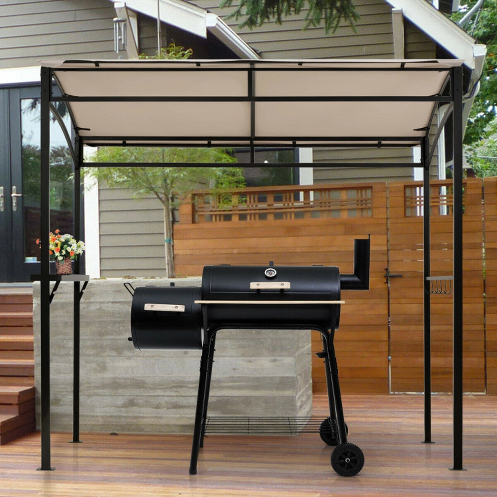 SUGIFT Grill Gazebo Outdoor Patio Garden BBQ Canopy Shelter 83-in Tall with Metal Shelf and Hooks Beige Brown