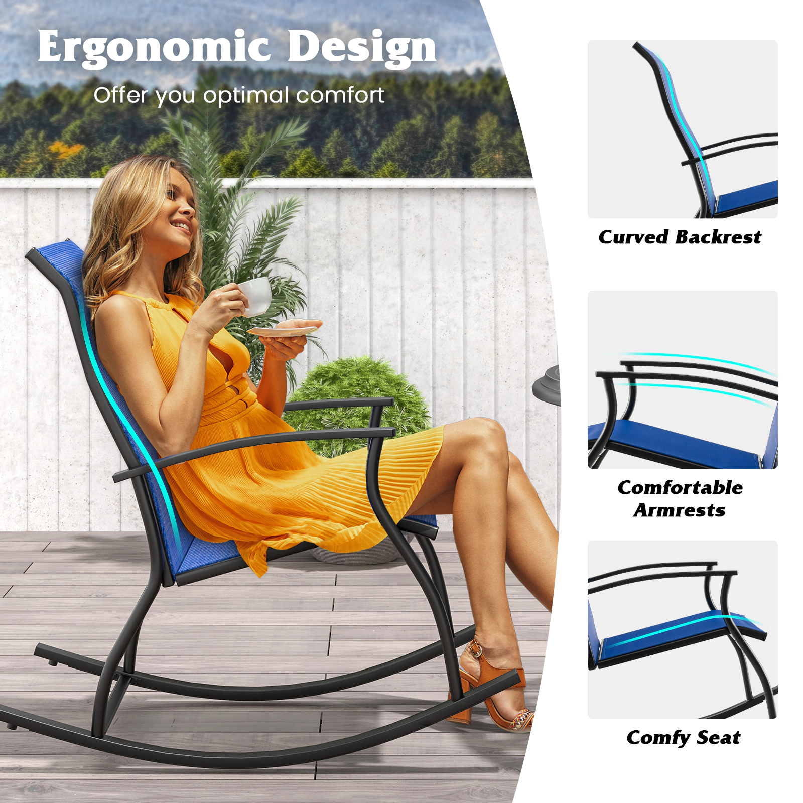 SUGIFT Set of 2 Outdoor Rocking Chairs Navy with Breathable Fabric Backrest