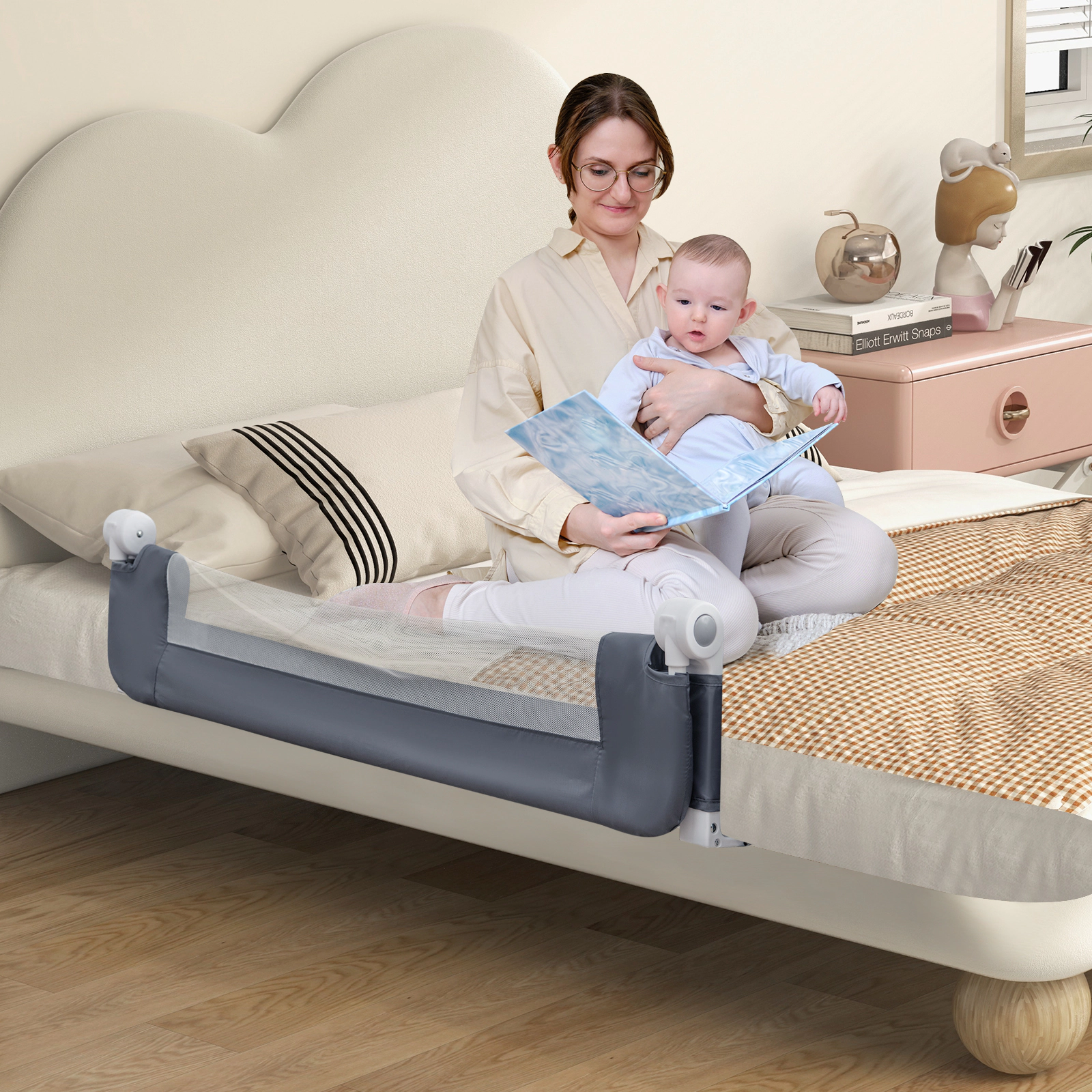 Baby Bed Rail Guard 17-in Tall Swing Down Toddler Bed Guard Foldable Safety Rail with Padded Cover No Drill Setup Gray
