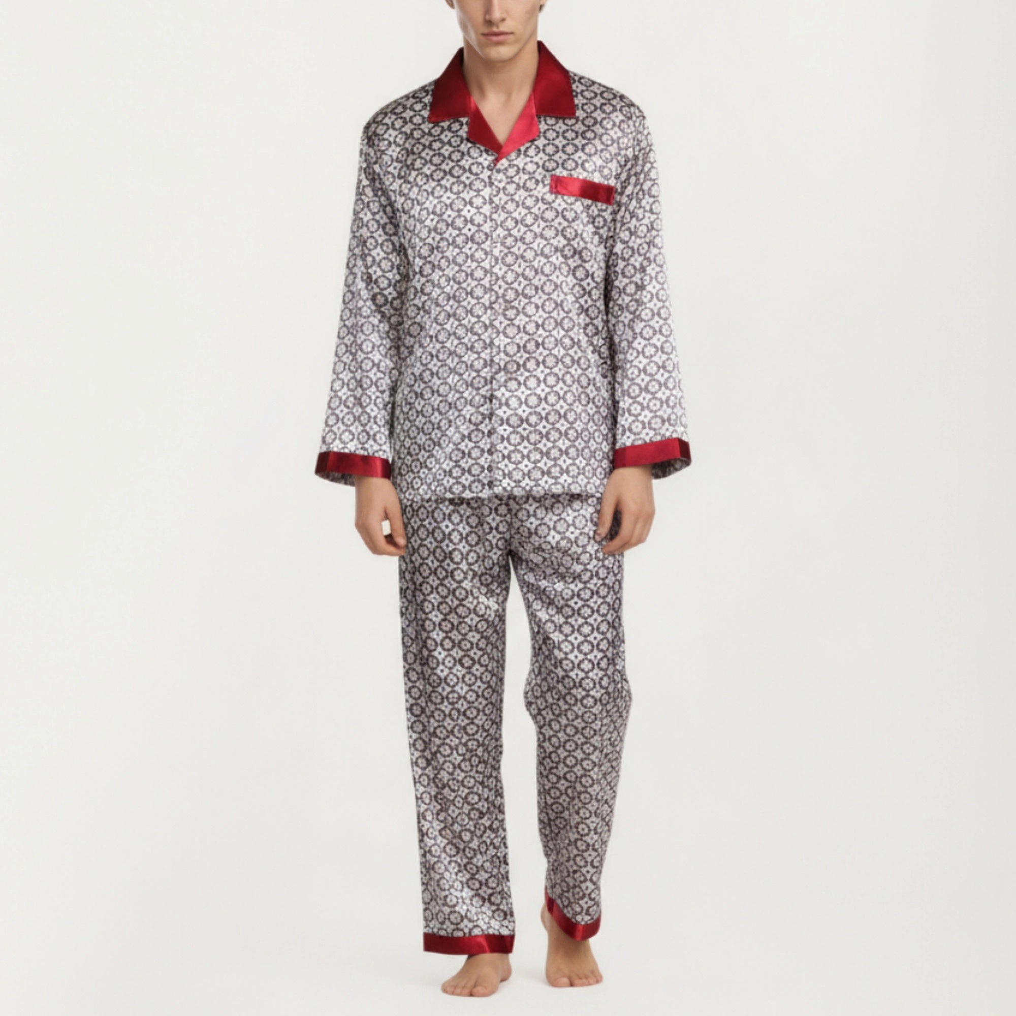 Anna-Kaci Men's 2-Piece Satin Pajamas with Geometric Print Contrast Collar and Button Up Top