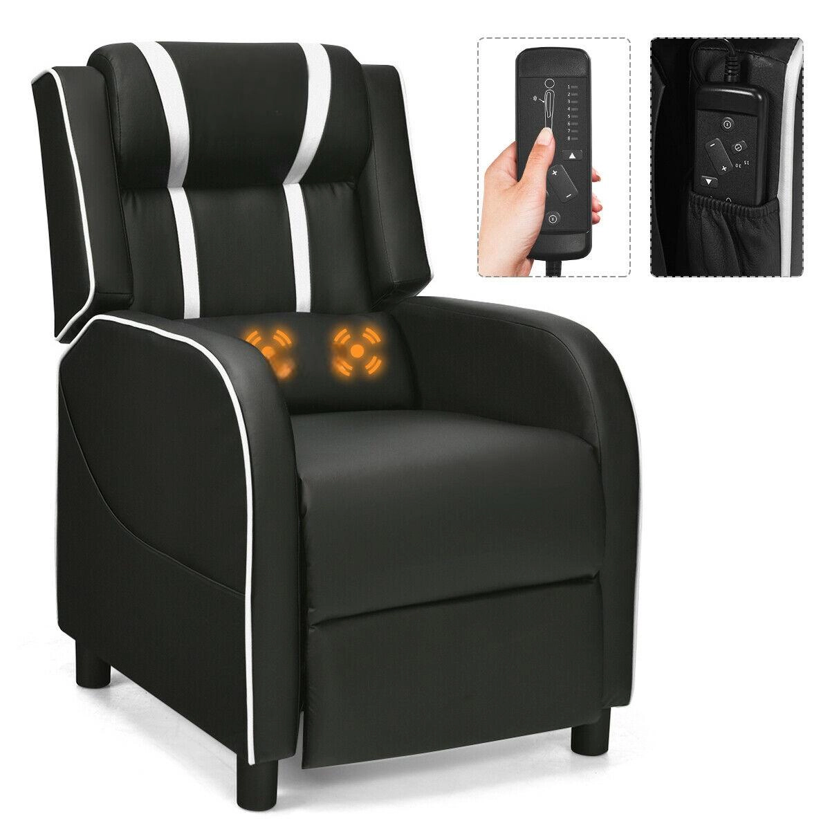 SUGIFT White Racing-Style Gaming Recliner with Massage, Footrest and 160-Degree Recline