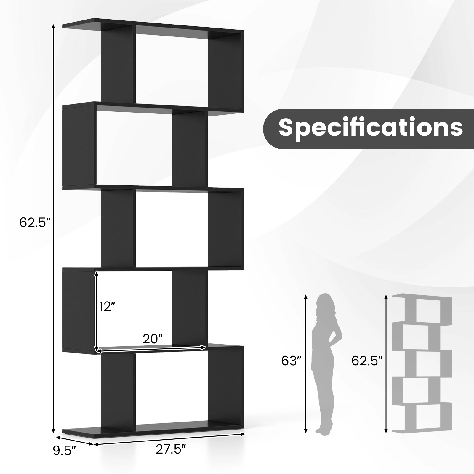 SUGIFT 5-Tier Black 62.5-in S-Shaped Geometric Bookshelf Room Divider with Anti-Toppling Device and 45-lb Shelves