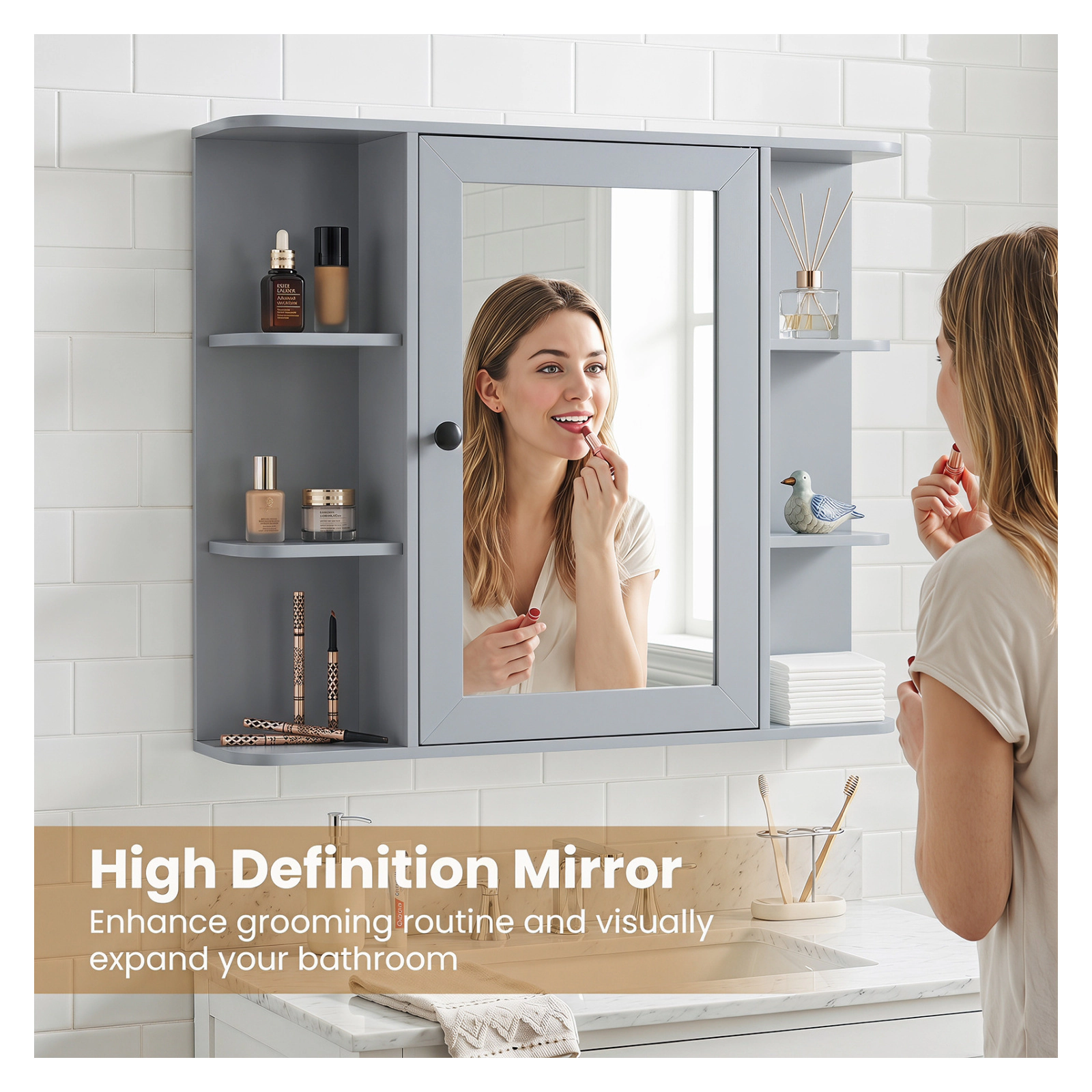 Glintex Wall-Mounted Medicine Cabinet with Mirrored Door and 6 Open Shelves