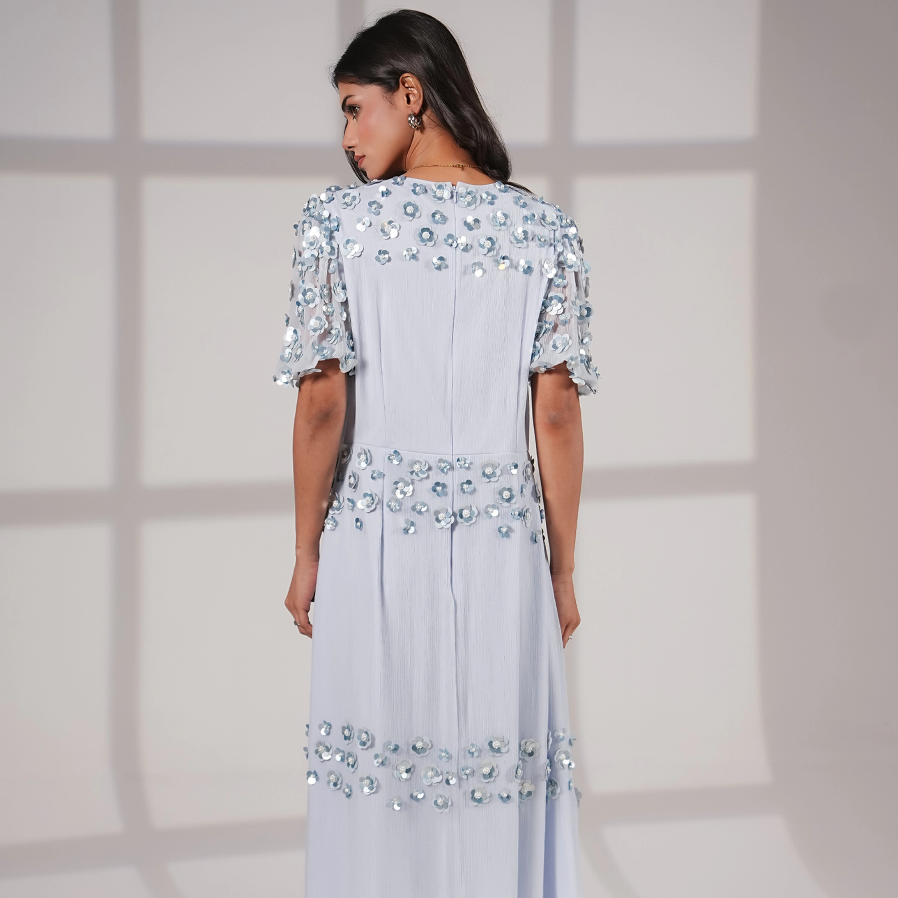 Rose & Nancy Women's Morena Soft Blue Hand Embellished Midi Dress