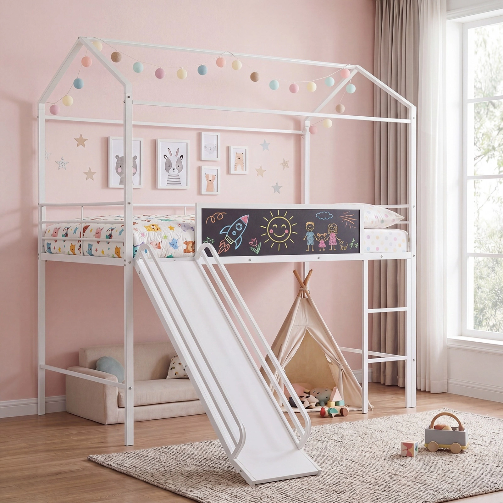 SUGIFT House-Shaped Kids Twin Loft Toddler Bed with Slide, Ladder and Chalkboard 250-lb Capacity Black/White
