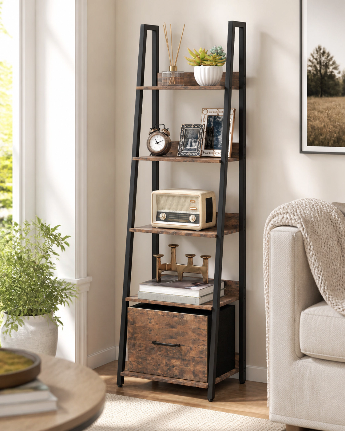 SUGIFT 5-Tier 56-in Tall Narrow Ladder Shelf Bookshelf with Fabric Drawer and 2.5-in Anti-Falling Baffles