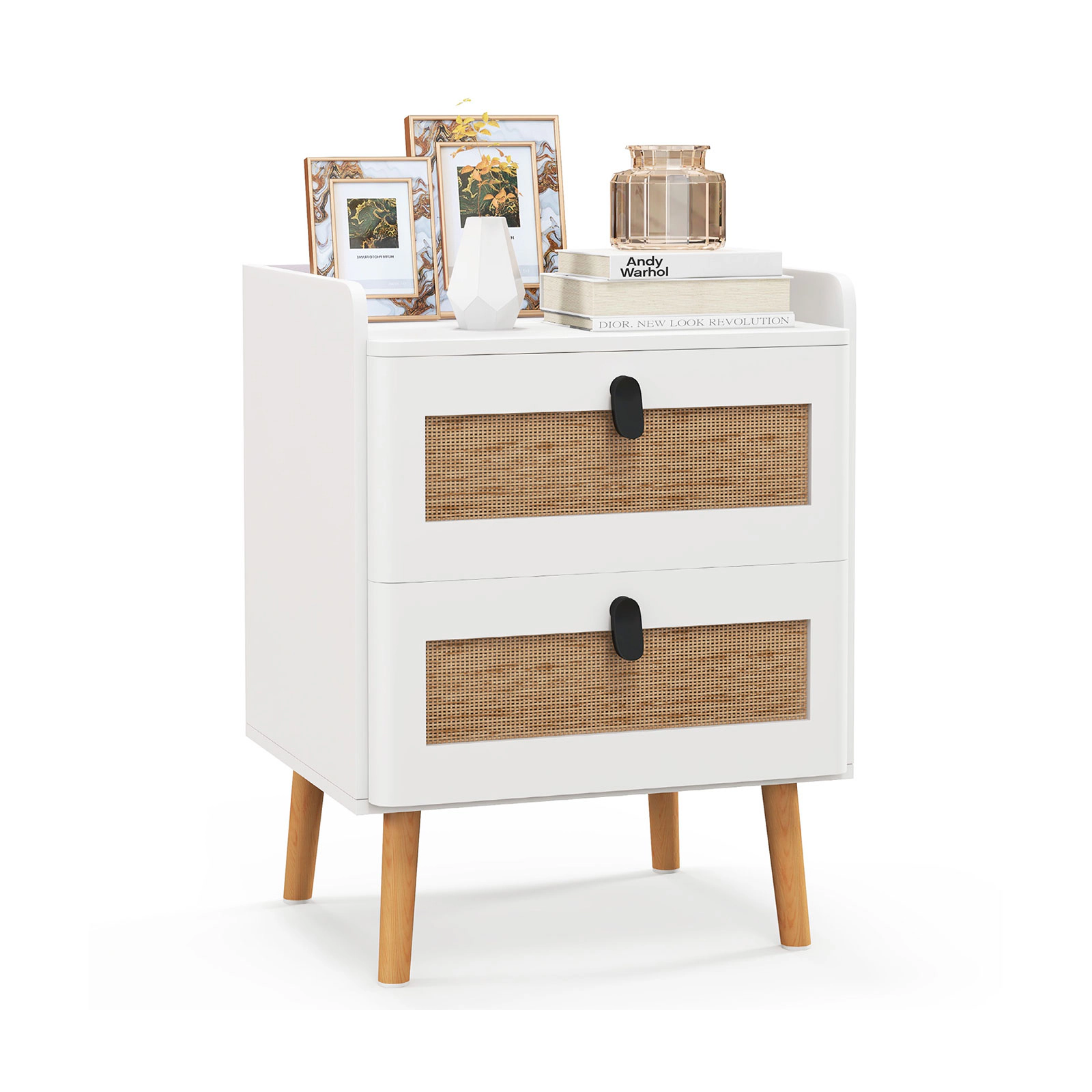 Glintex End Table with 2 Rattan-Decorated Drawers and Raised Edge Tabletop, White