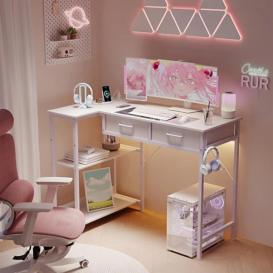 BebreezChic 40" Gaming Desk with Power Outlet, L-Shaped Computer Table, 3-Tier Shelves, 2 Drawers, Headphone Hook