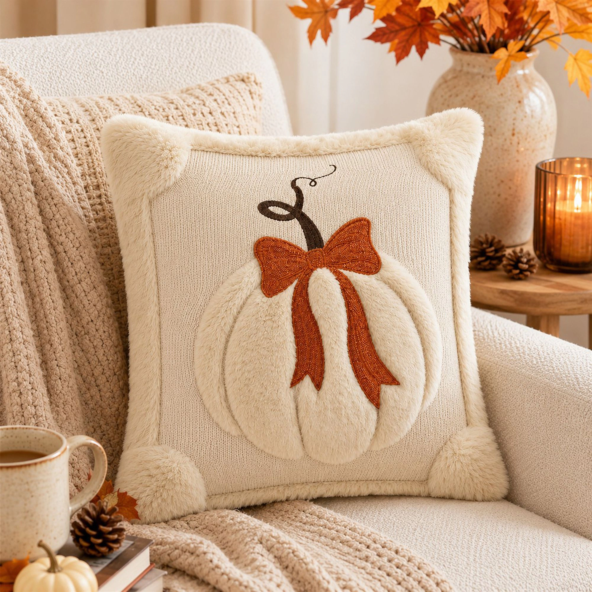 Alilang Fall Textured Pumpkin Bow Decorative Throw Pillow Cover