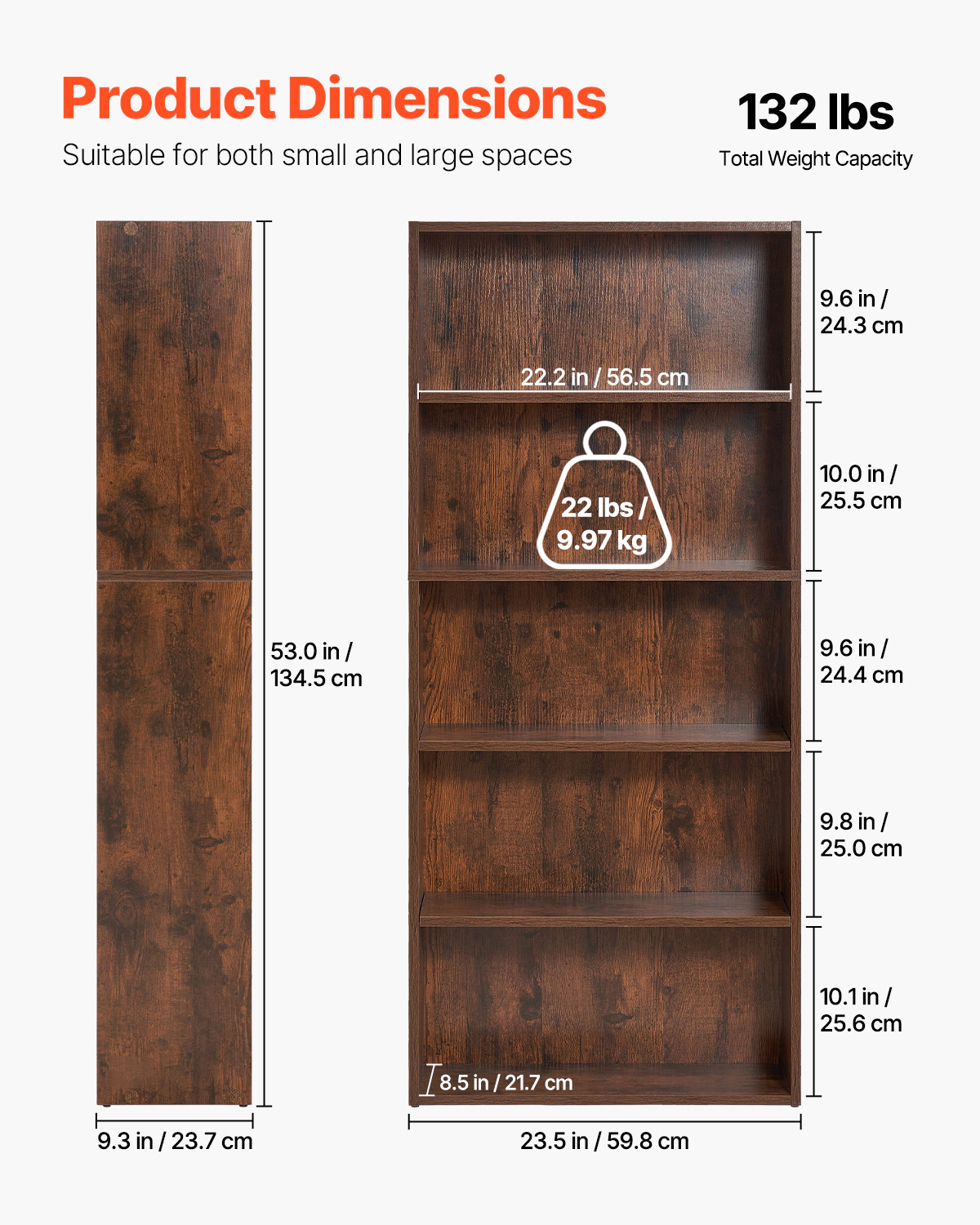 HONGGE 5-Tier Narrow Wooden Bookshelf, 53 Inch Tall Freestanding Farmhouse Bookcase with Adjustable Shelf, Brown
