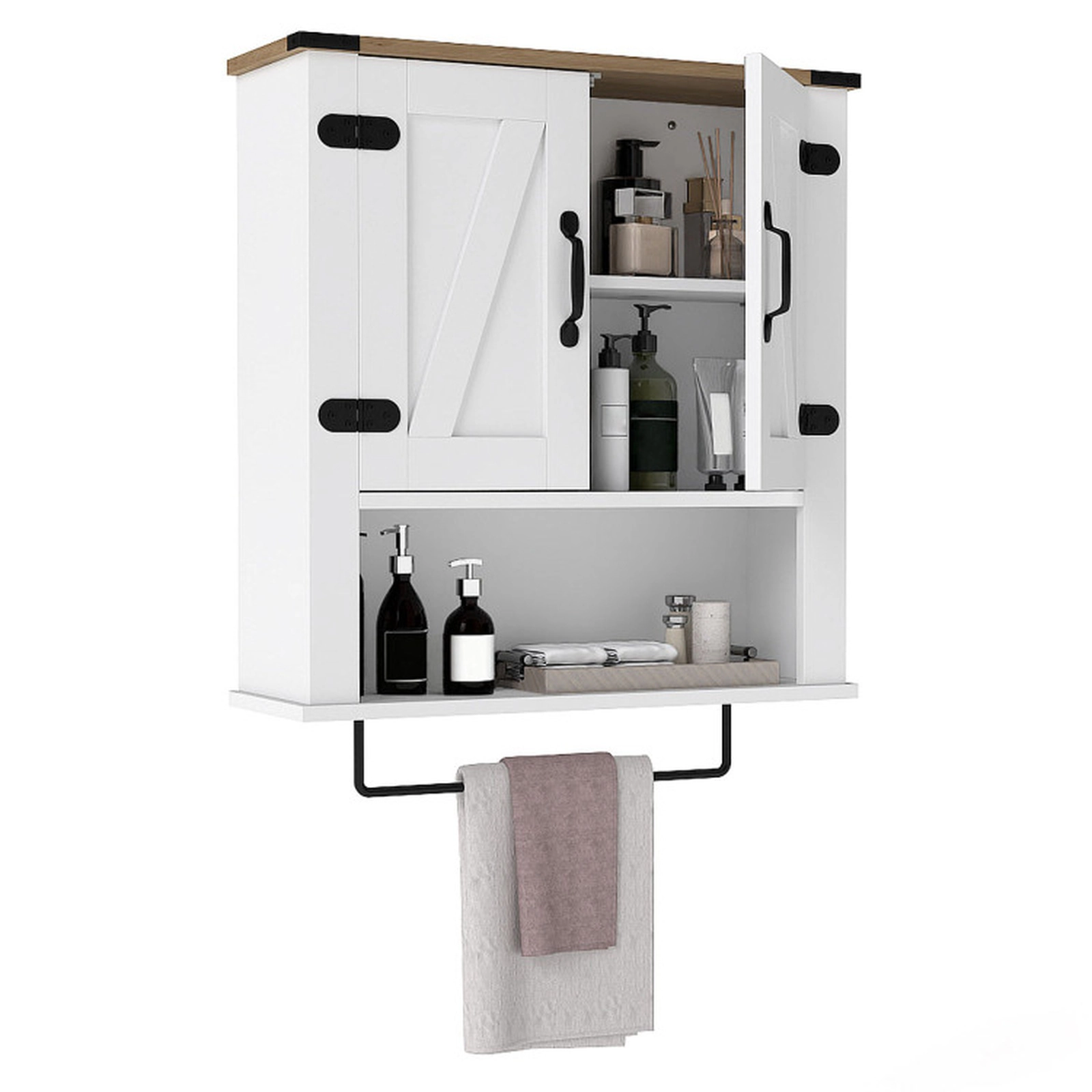 SUGIFT Farmhouse Barn Doors Towel Bar Engineered Wood Medicine Cabinet 24-in x 8-in x 28.5-in 66-lb per Tier White
