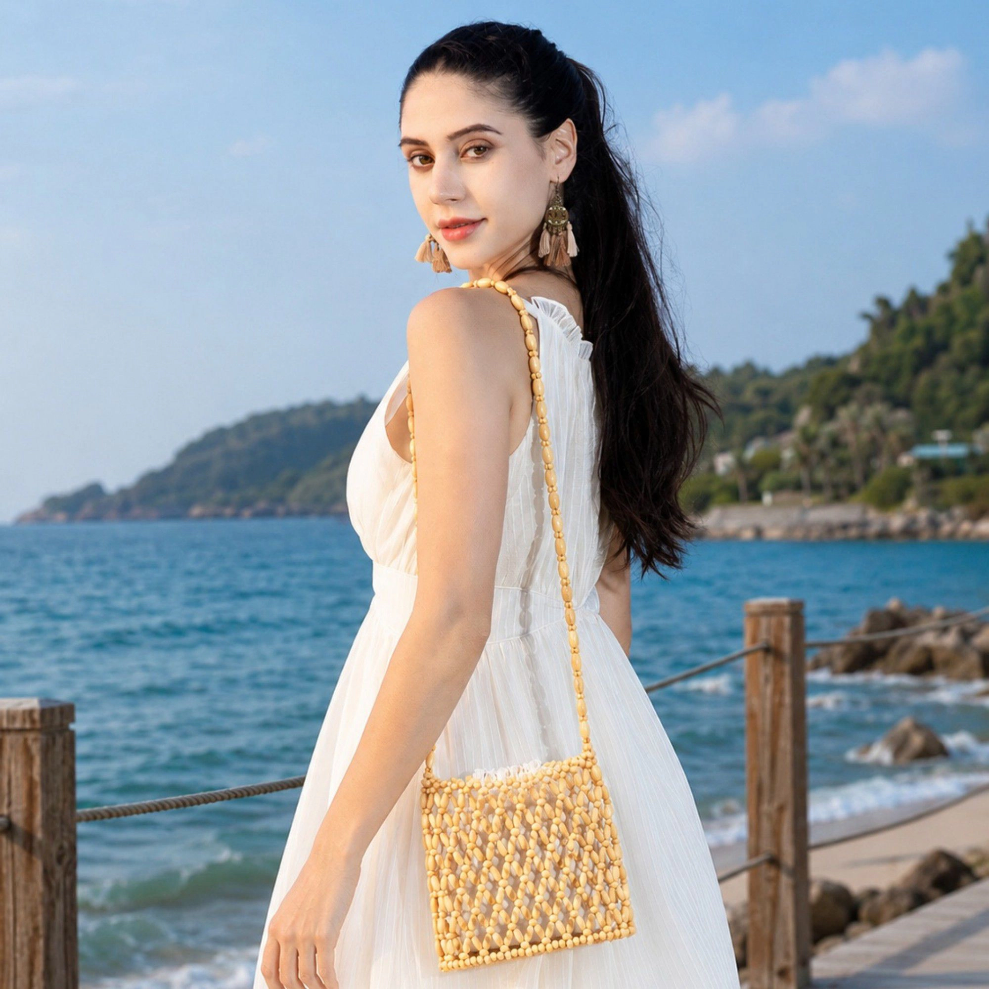 Alilang Women's Hand-Crafted Wooden Beaded Crossbody Bag for Women - Lightweight Geometric Pattern Purse