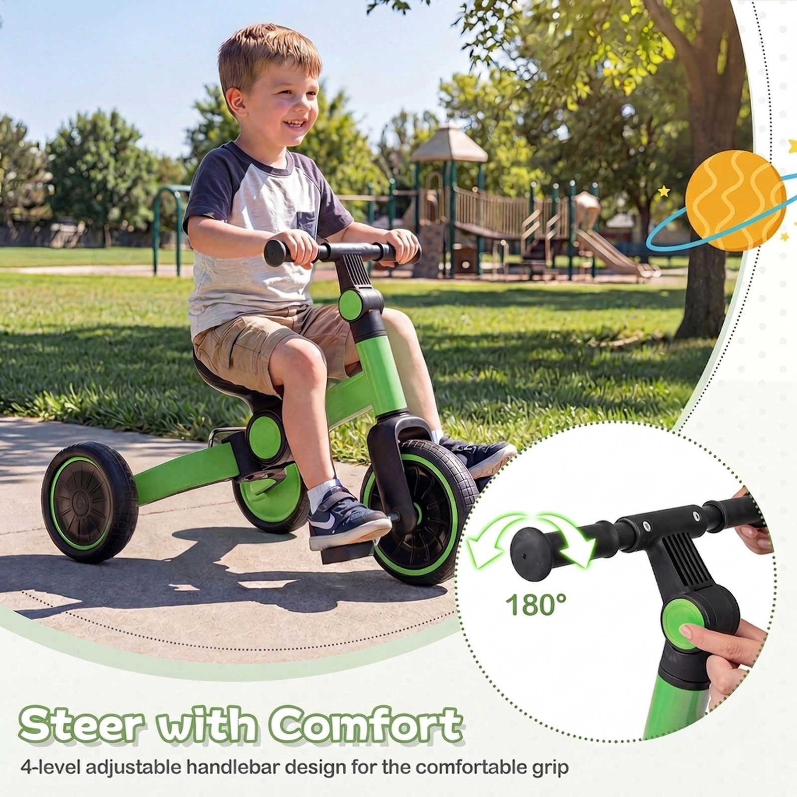 5-in-1 Toddler Balance Bike Removable Pedals 4-Level Handlebar 135-Degree Steering Limit Ages 2-4 Green