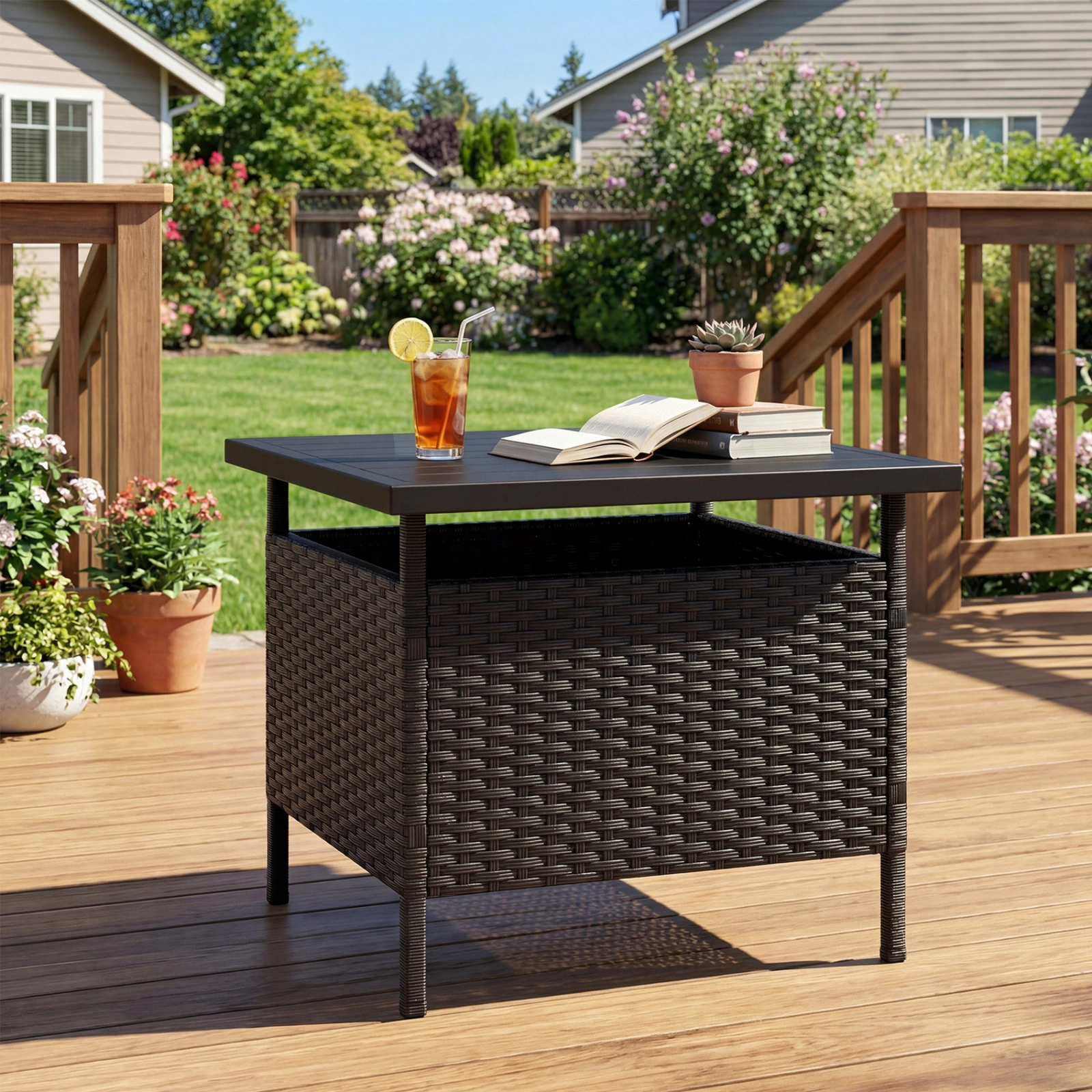 SUGIFT 22 Square Patio Side Table Wicker with 2 Umbrella Hole and Storage