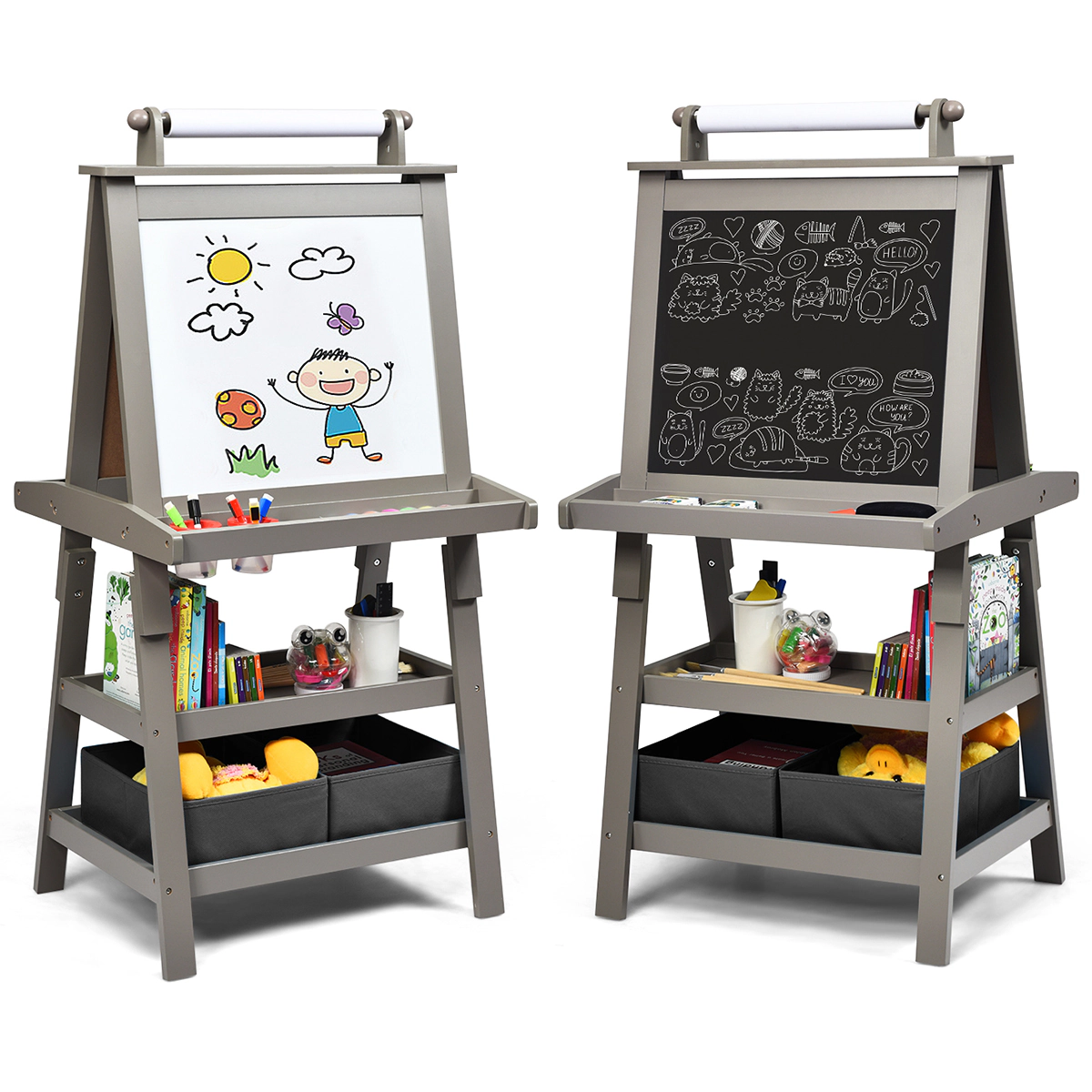 SUGIFT 3-in-1 Double-Sided Storage Art Easel with Paper Roll 46-in Tall Kids MDF Triangle Frame with Shelves & Bins Gray