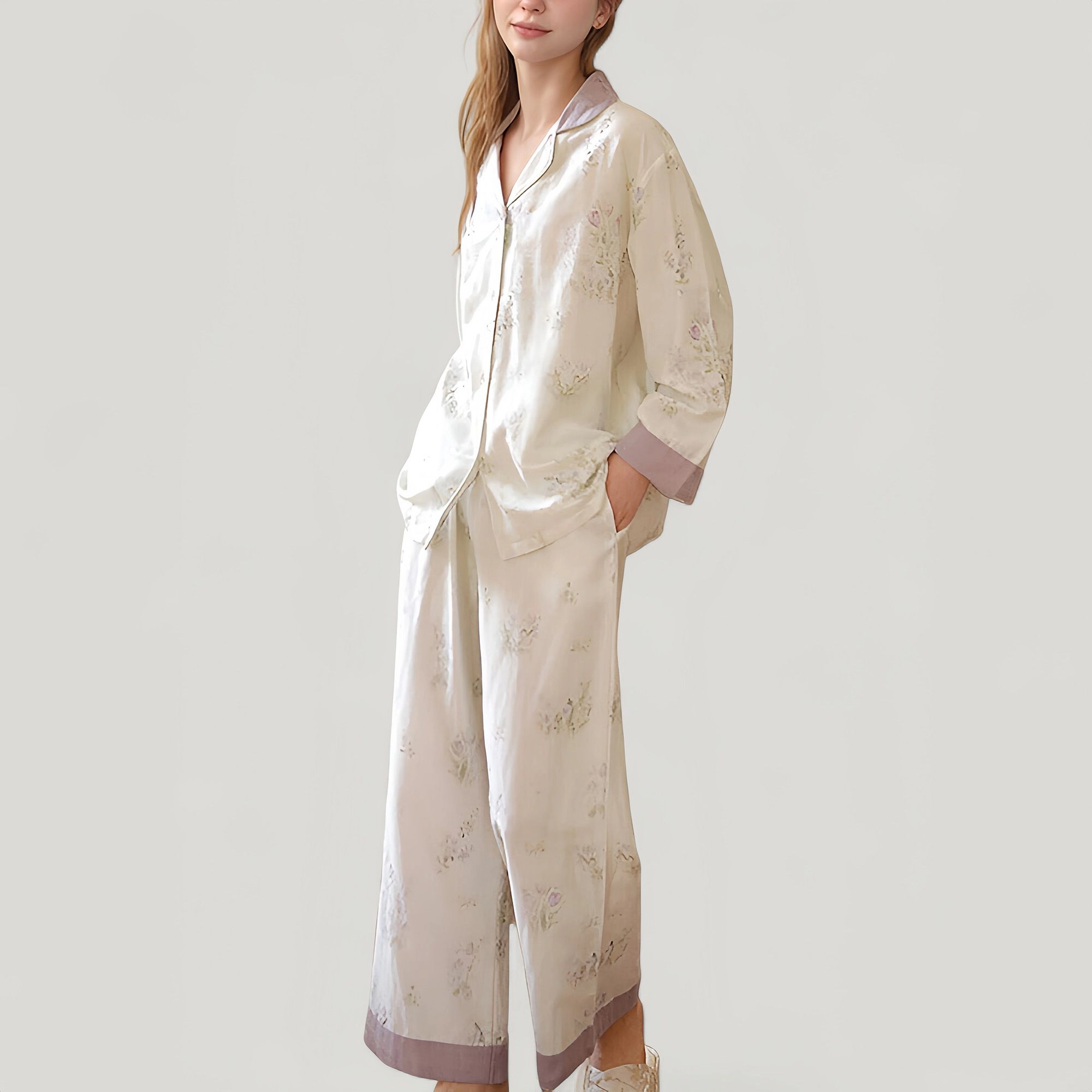 Anna-Kaci Women's Woven Two-Piece Pajama Set with Floral Print Contrast Trim and Relaxed Button Down Top