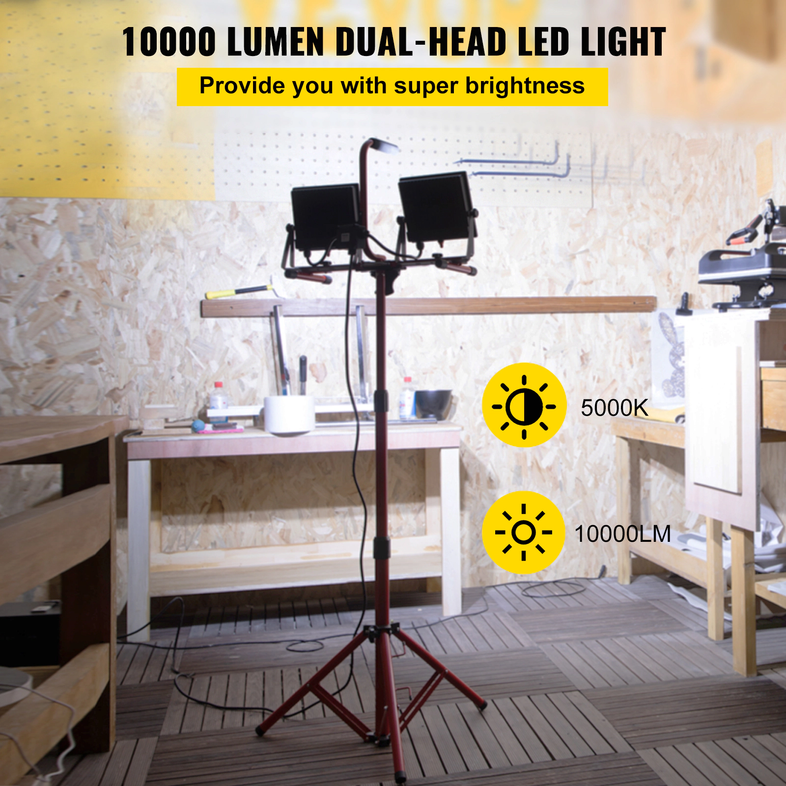 HONGGE LED Work Light with Stand, Dual-head LED Work Light with Adjustable and Foldable Tripod Stand