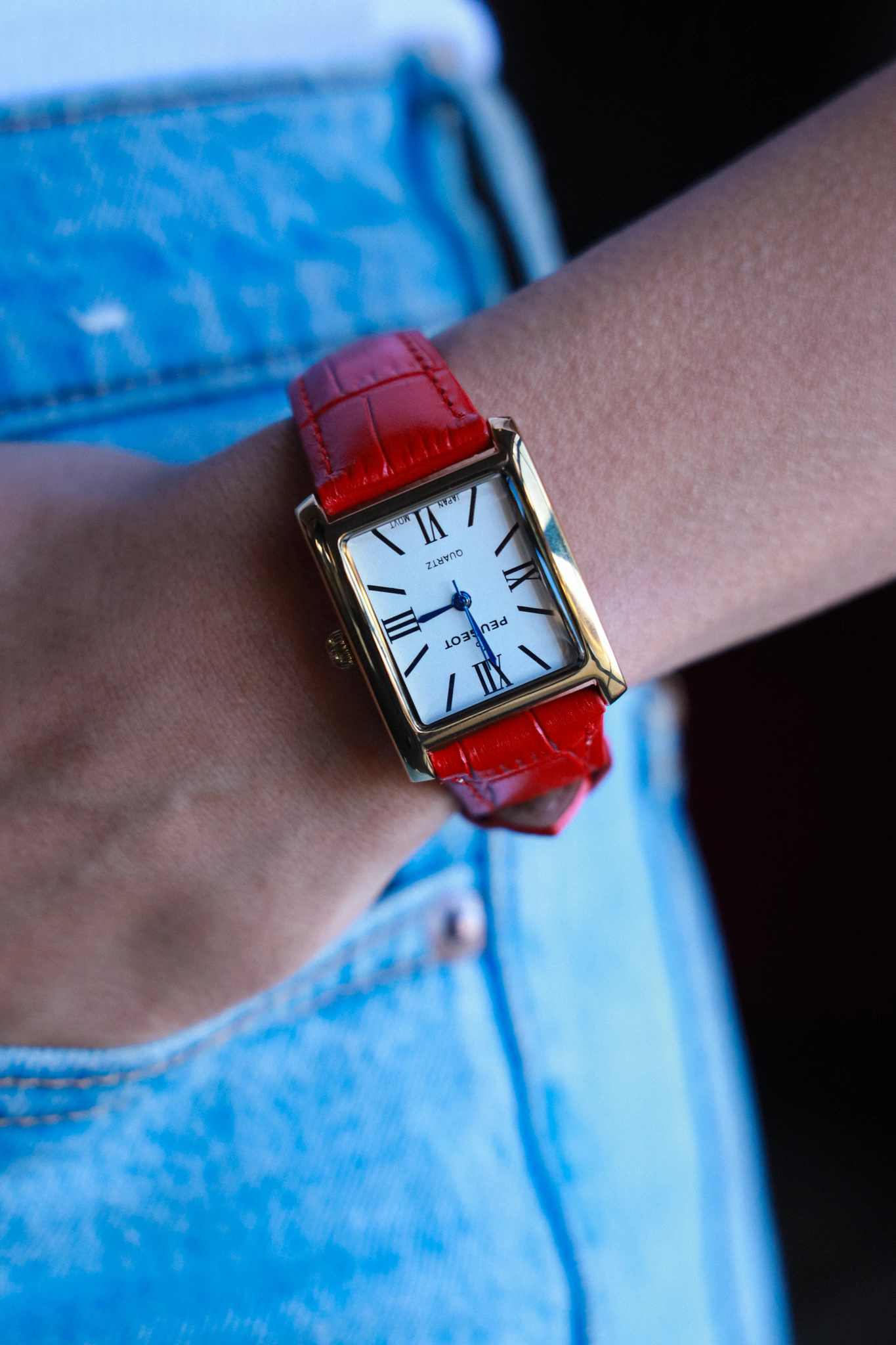 Peugeot Women's Tank Watch Roman Dial Red Leather Strap
