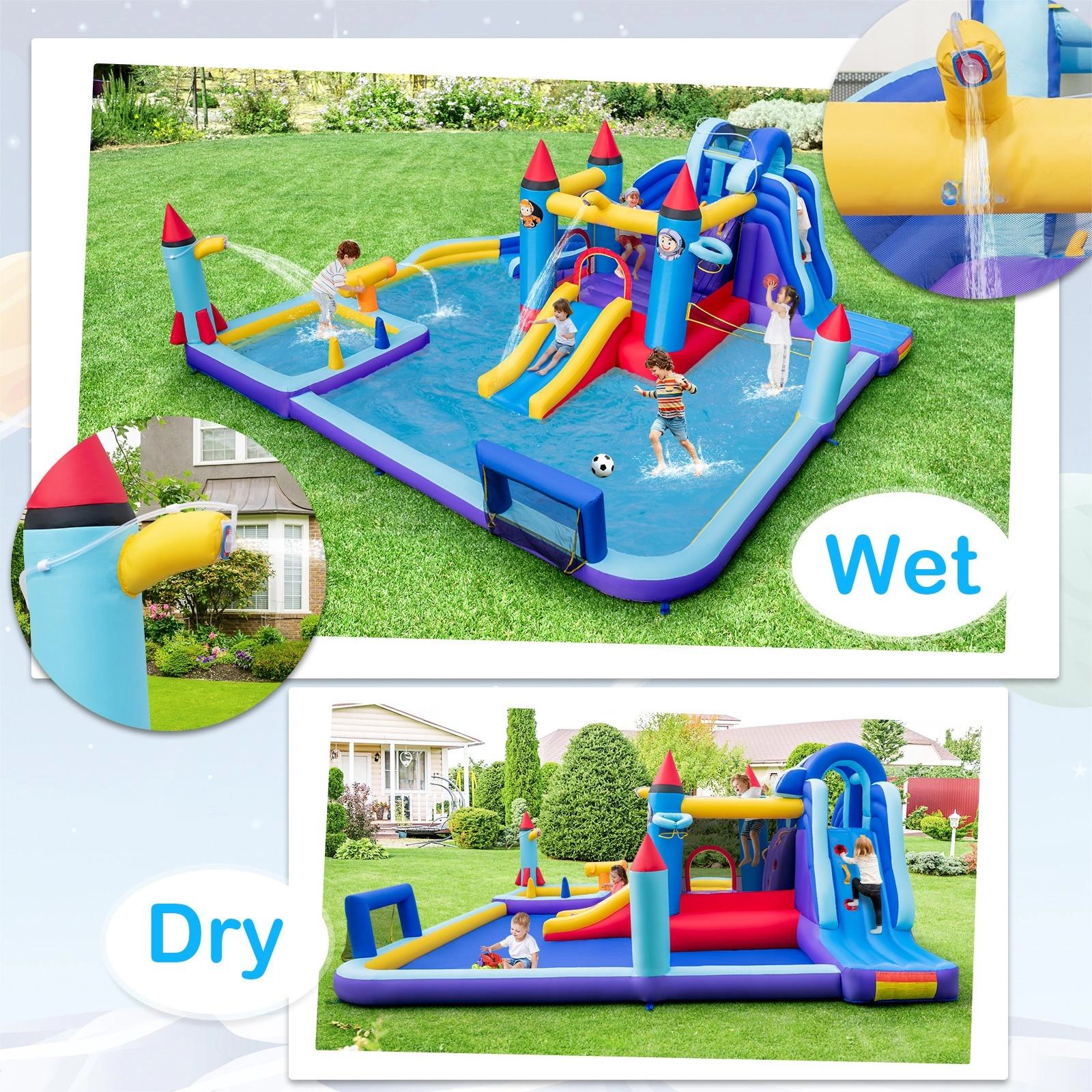 SUGIFT Rocket Theme Inflatable Bounce House Water Slide Park 300-lb Capacity Ages 3+ 218.5-in Long Multicolor