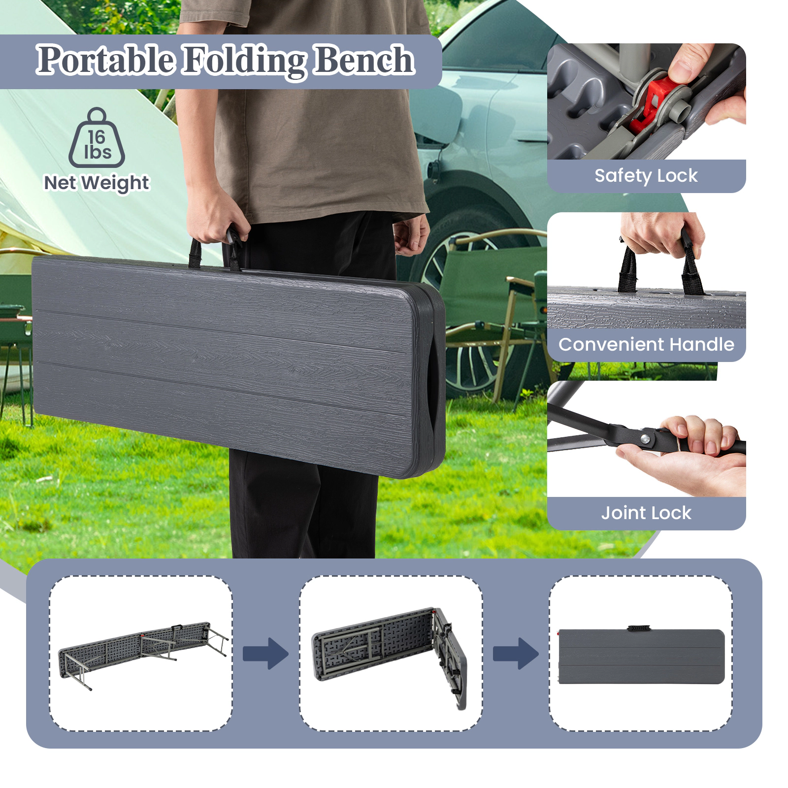 SUGIFT 6-Ft Folding HDPE Bench with Heavy-Duty Metal Frame 1320-lb Capacity 71-in Long Seat Handle Lock Gray Brown