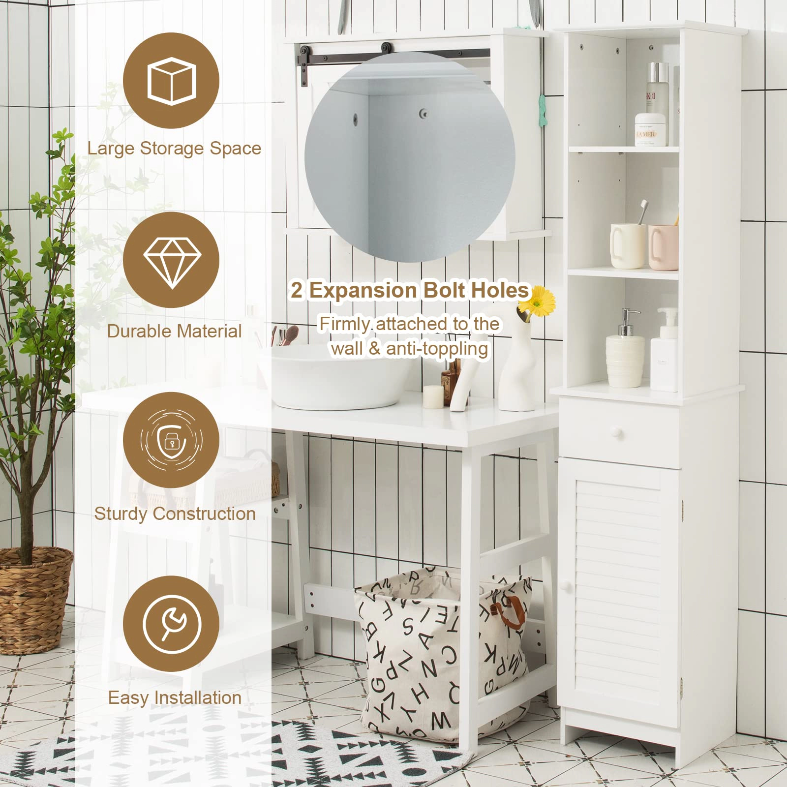 Glintex 64-Inch Tall Bathroom Linen Cabinet with Open Shelves and Drawer, White