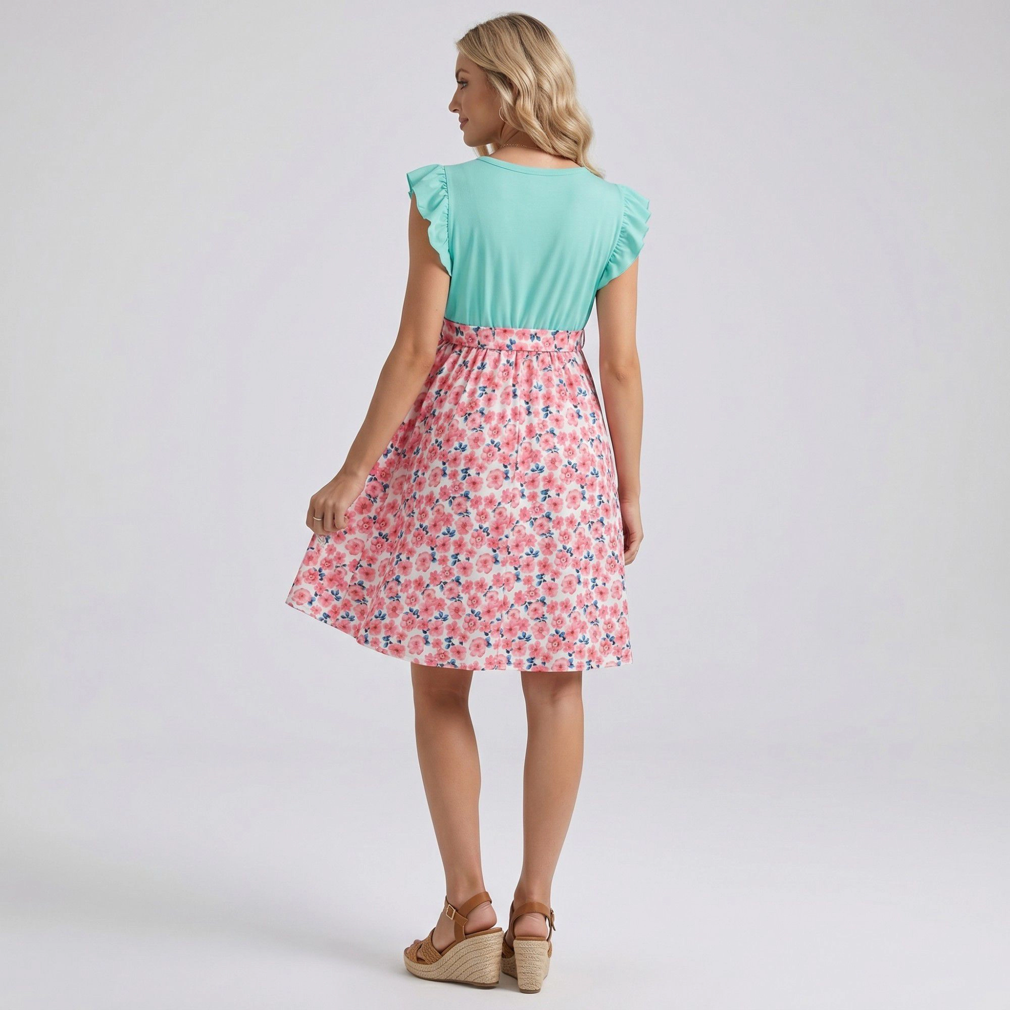Anna-Kaci Women's Flutter Sleeve Maternity Dress, Floral Skirt, Tie Waist