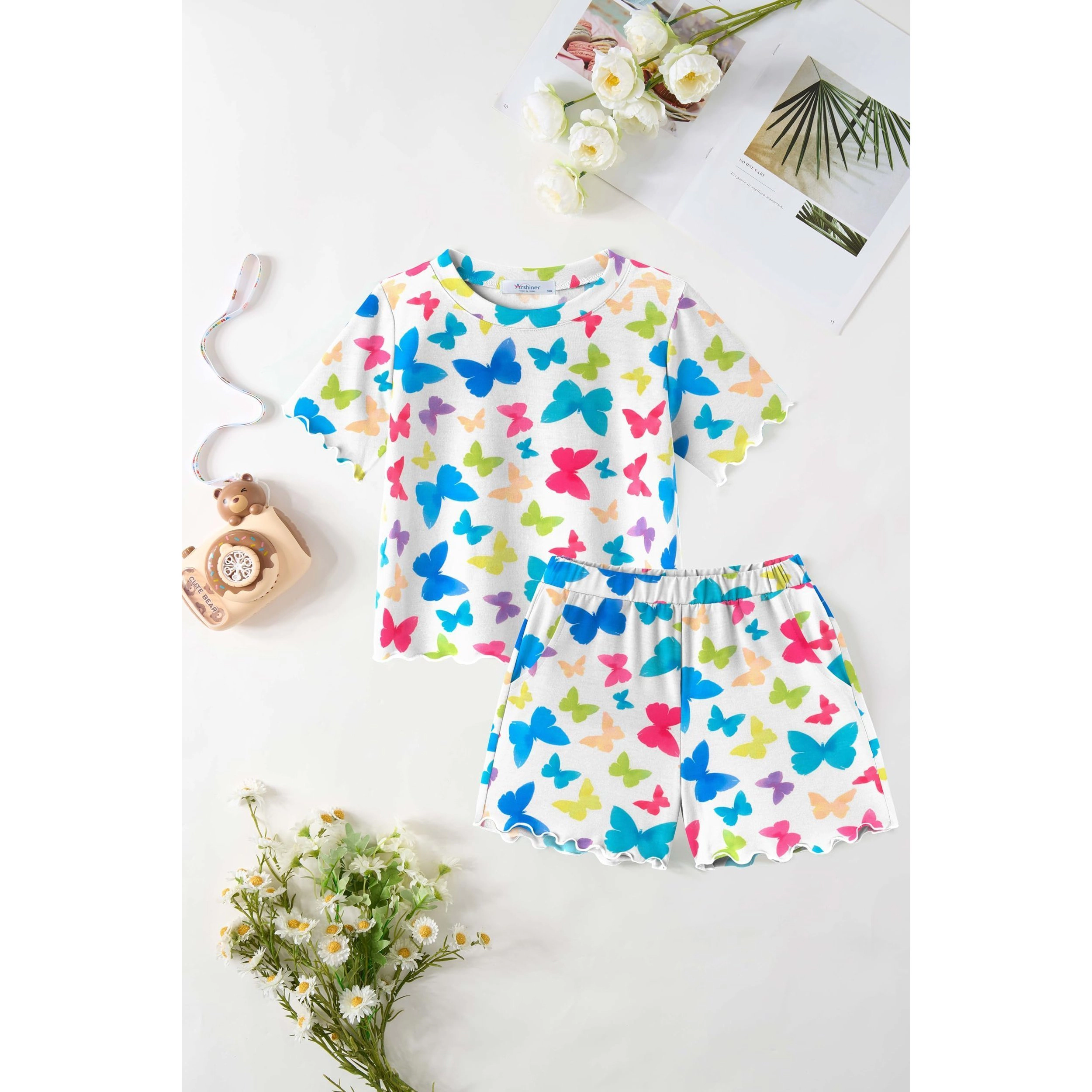 Arshiner Girl'ss Clothes Short Sets Ruffle Sleeve Roundneck Tops And Shorts With Pock