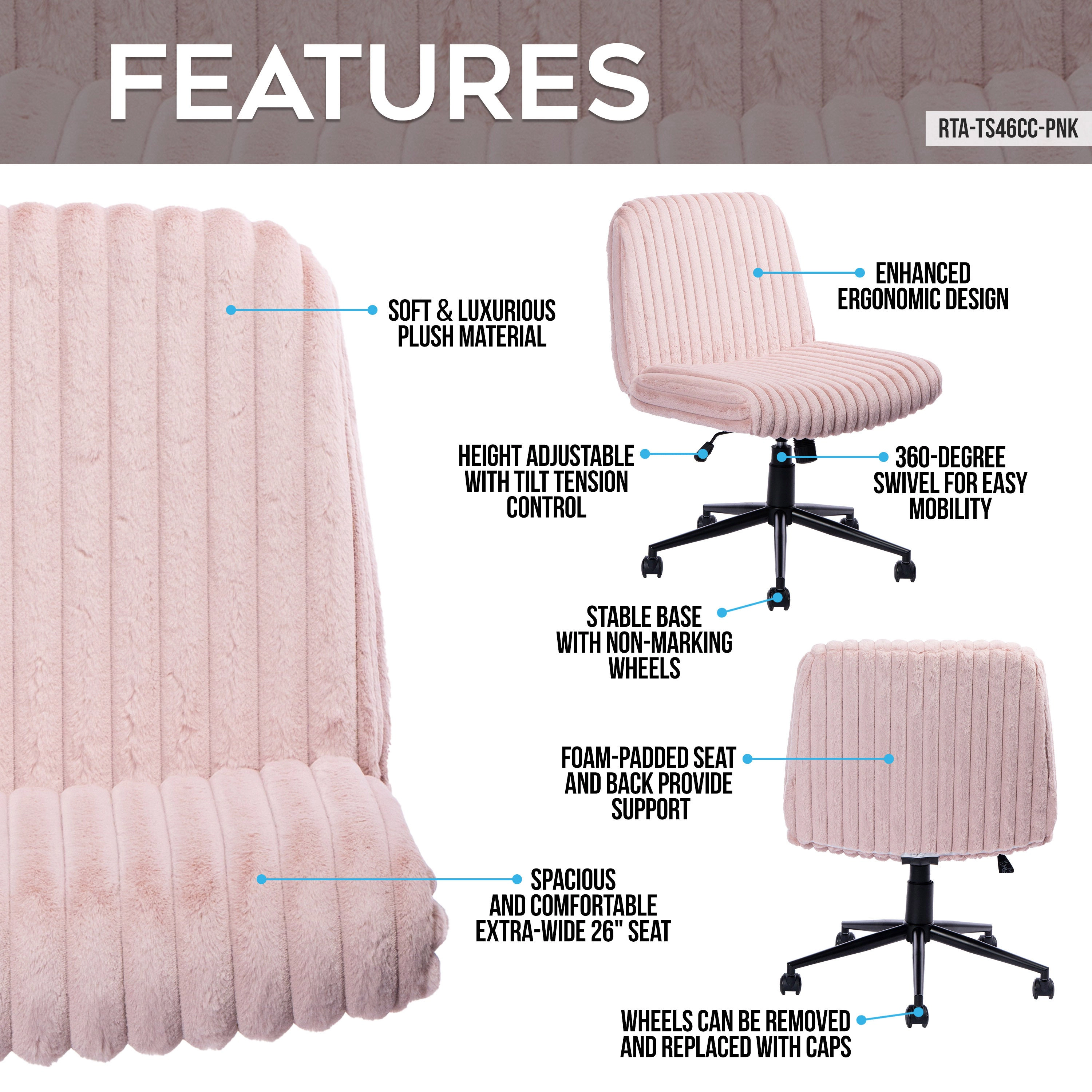 Platinum-Level Office Chairs Pink Criss-Cross Office Chair, Plush Velvet, Extra-Wide Foam-Padded Seat