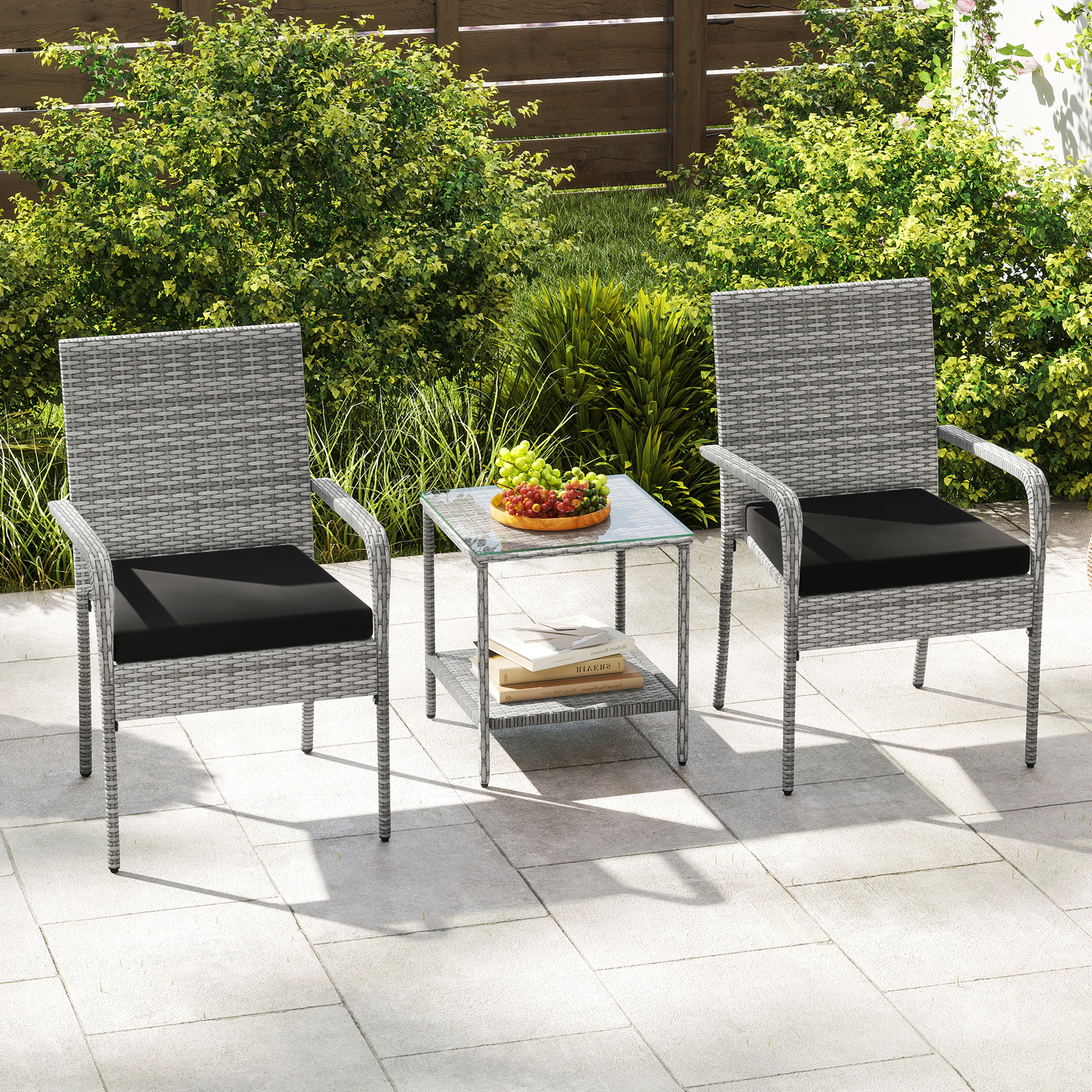 LJG 3 Piece Patio Furniture Set with Seat Cushions and Tempered Glass Tabletop for Balcony