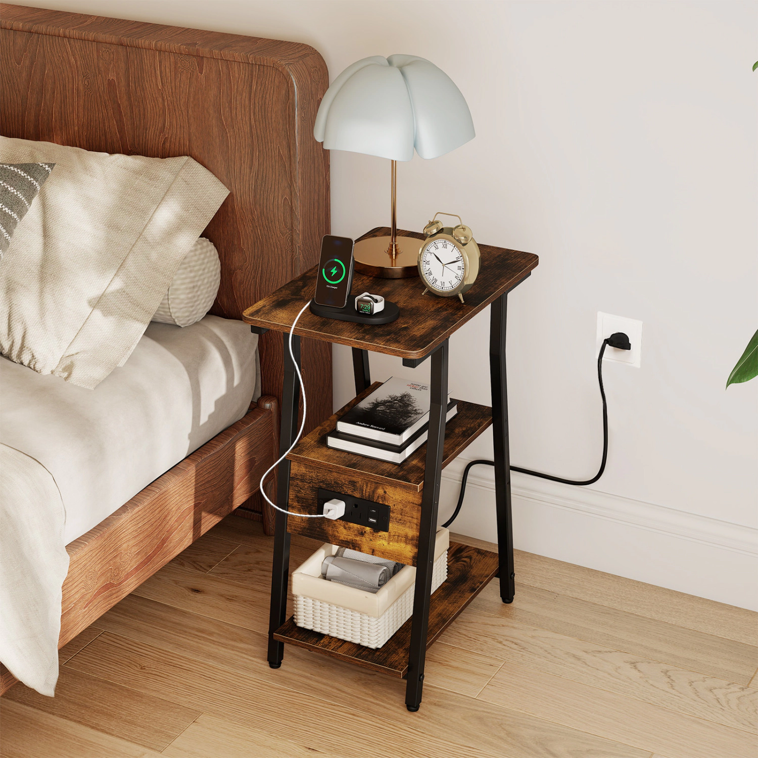LJG Set of Industrial Side Tables with Charging Station & 3-Tier Shelves for Small Space