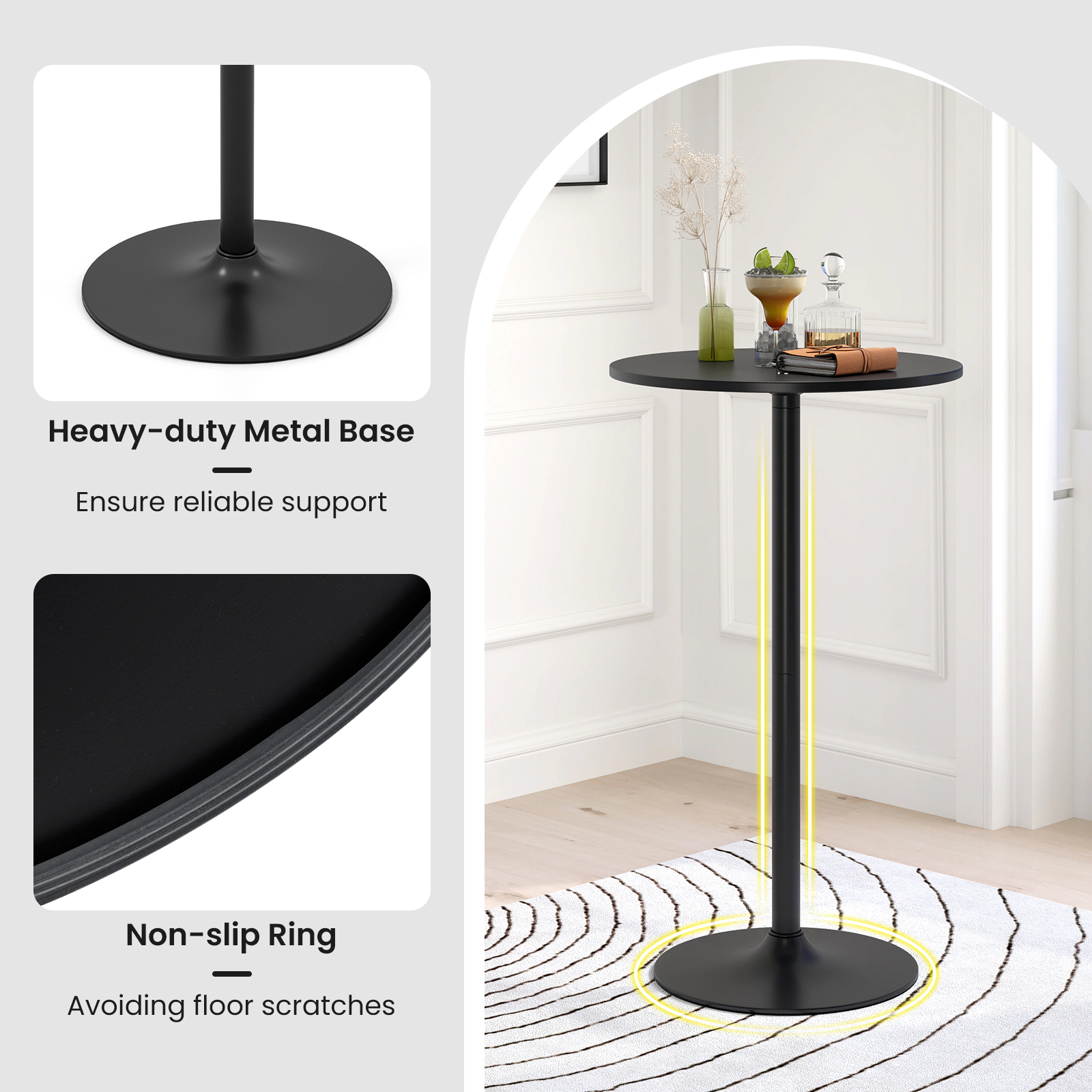 SUGIFT 24-in Round Modern Cocktail Bistro Table with Metal Base and MDF Top 265-Lb Capacity 40-in Tall Set of 2 Black