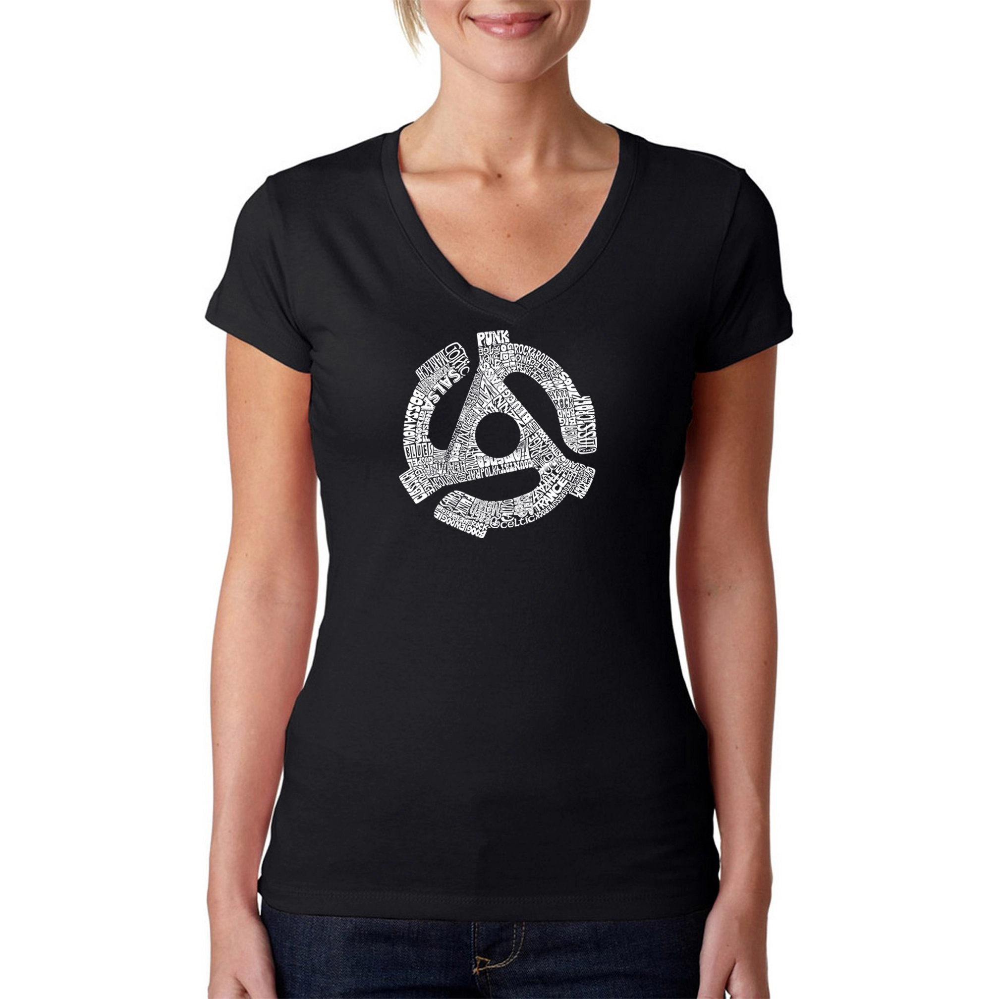 LA Pop Art Womens Word V-Neck T-Shirt - Record Adapter