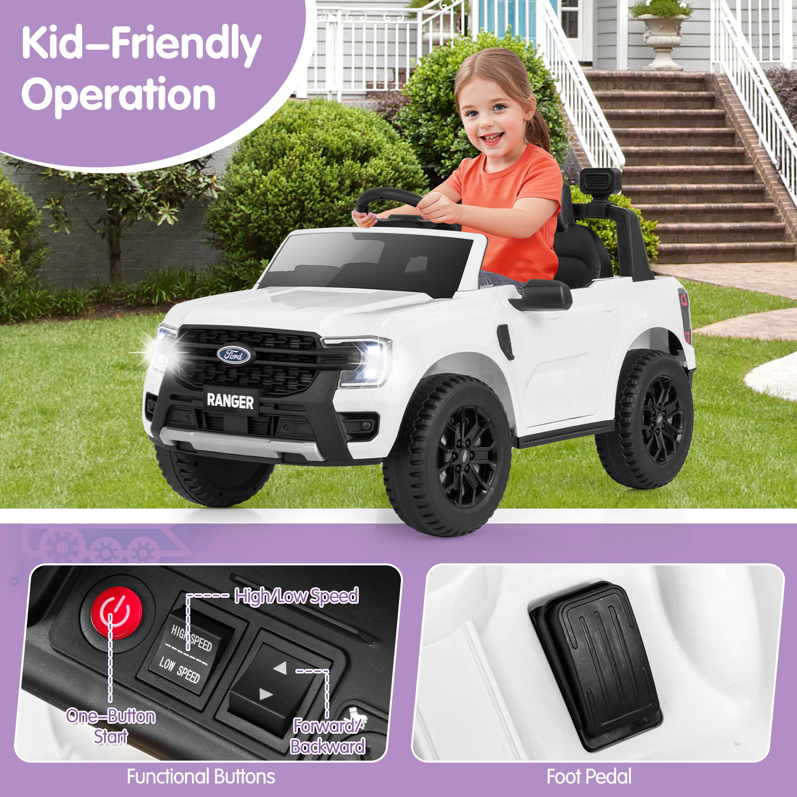12V Kids Ride On Car Parent Remote Padded Headrest Rear Storage Basket and Lockable Doors for Ages 3-6 Electric Truck