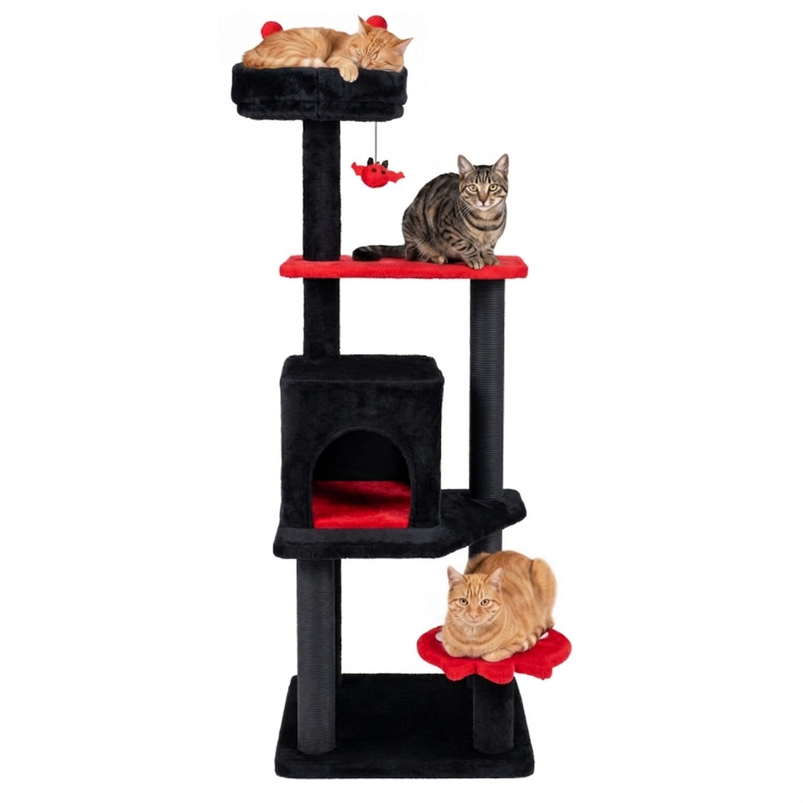SUGIFT 57-in Gothic Spooky Cat Tree Tower with Padded Perch Condo and Spider Hanging Toy 22-lb Capacity Red and Black