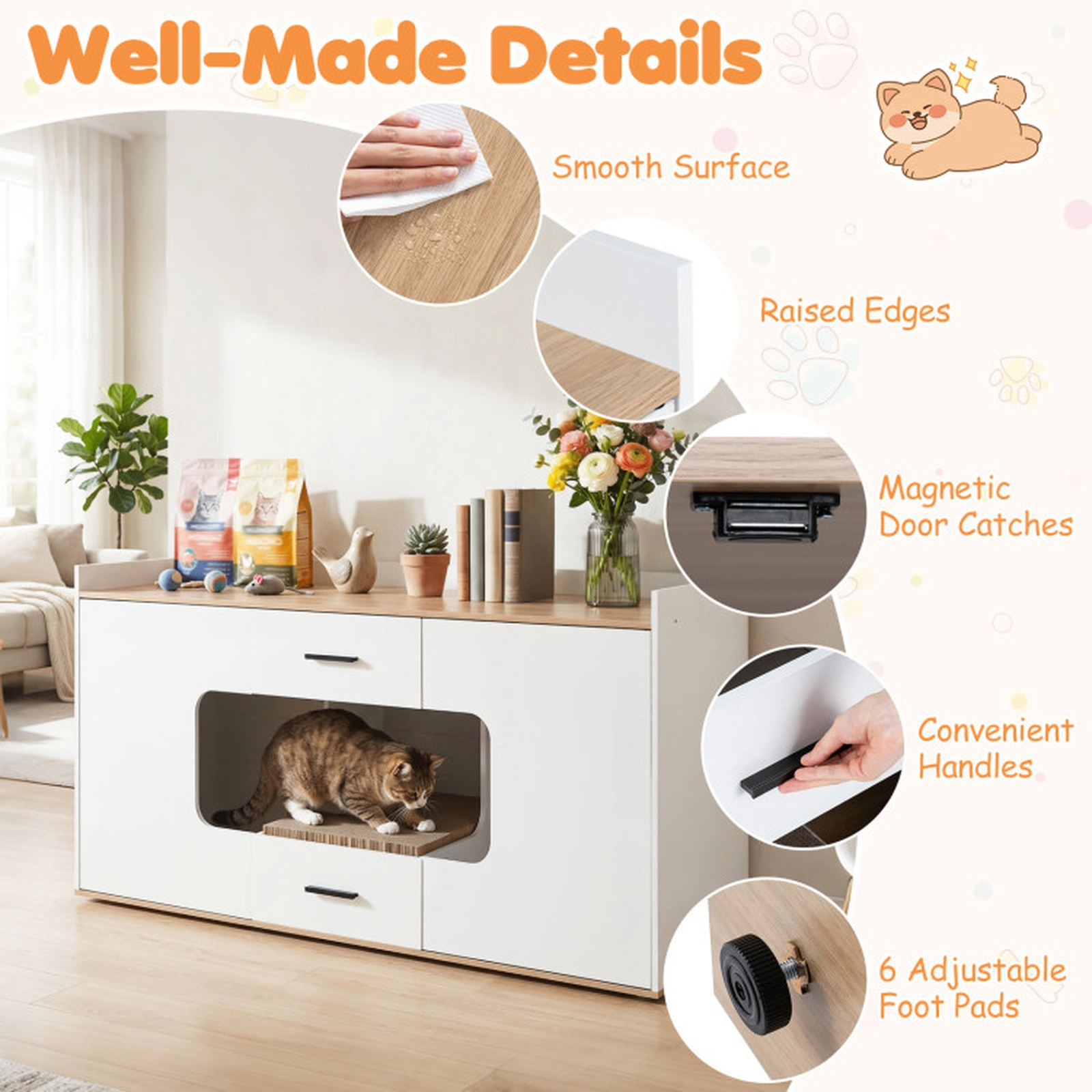 SUGIFT 55 x 30.5-in Natural Extra Large Hidden Cat Litter Box Enclosure Cabinet with 2 Drawers and 2 Doors