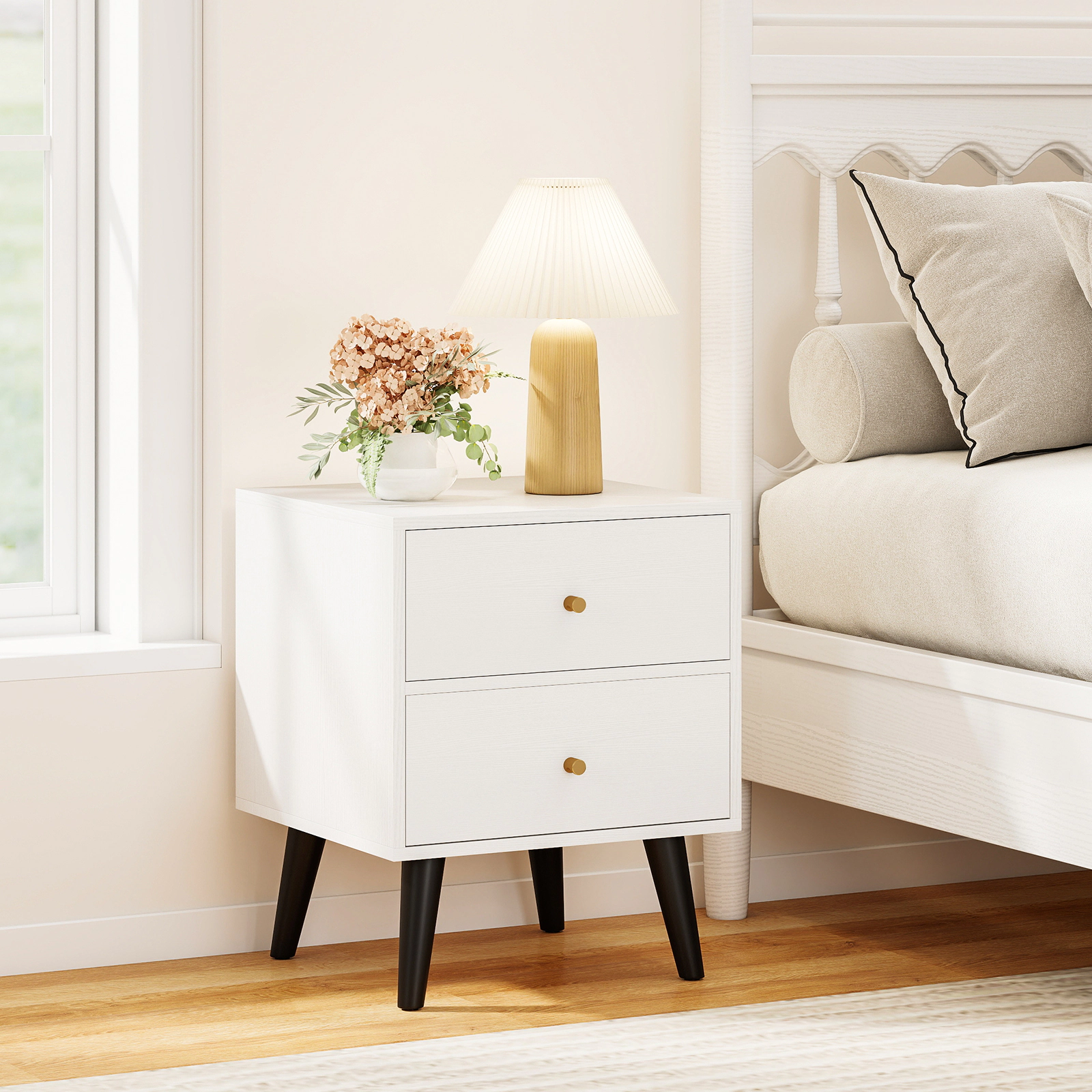 LJG Mid Century Modern Bedside Table Nightstand with Golden Knobs and Raised Support Legs