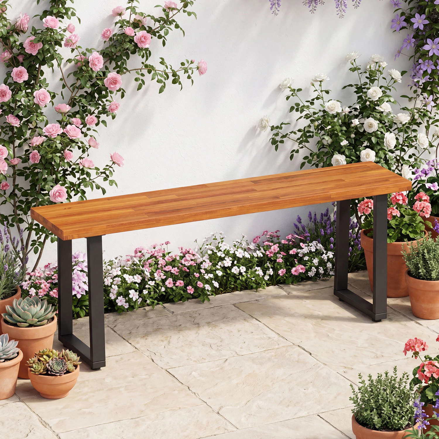 LJG Set of 1 Wood Patio Bench 47.5" Long Dining Bench for Entryway Poolside