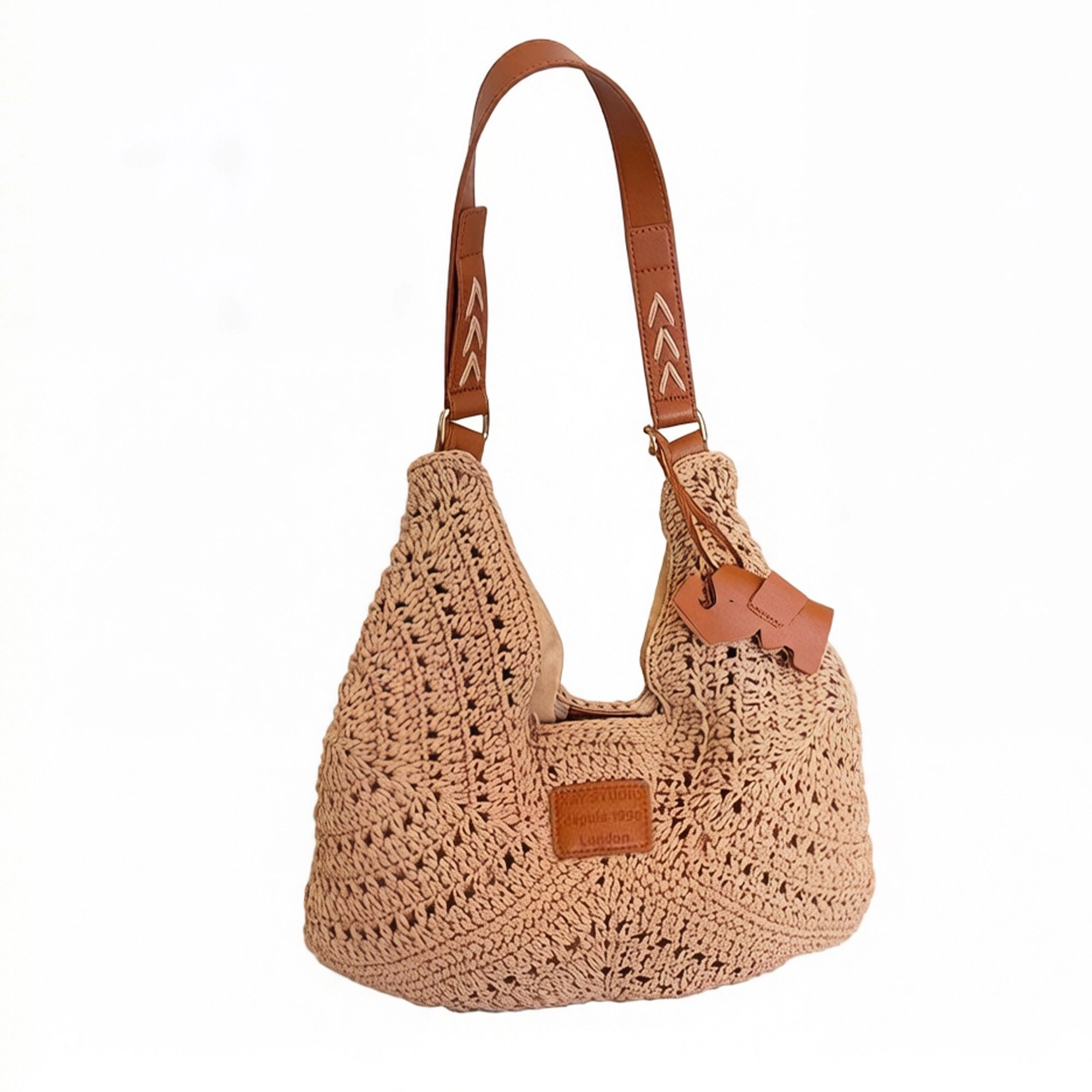 Alilang Women's Woven Crochet Shoulder Bag with Embroidered Strap Slouchy Hobo Handbag Lightweight Knit Tote