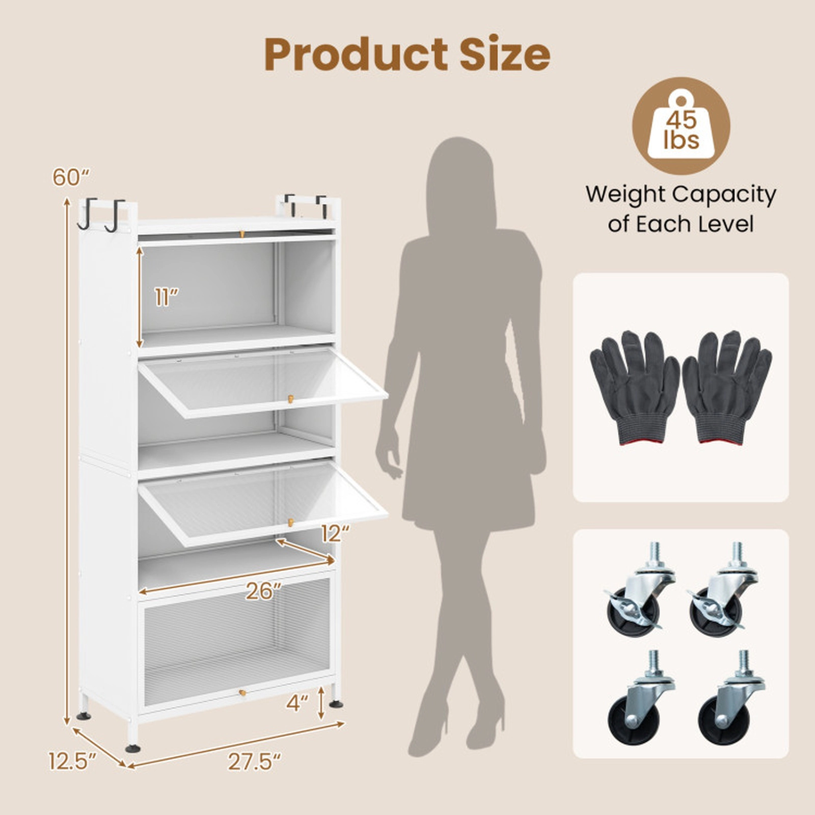 SUGIFT 5-Tier 45-lb Per-Tier 60-in White Storage Cabinet with 4 Flip-Up PC Doors Rolling Wheels and Guardrails