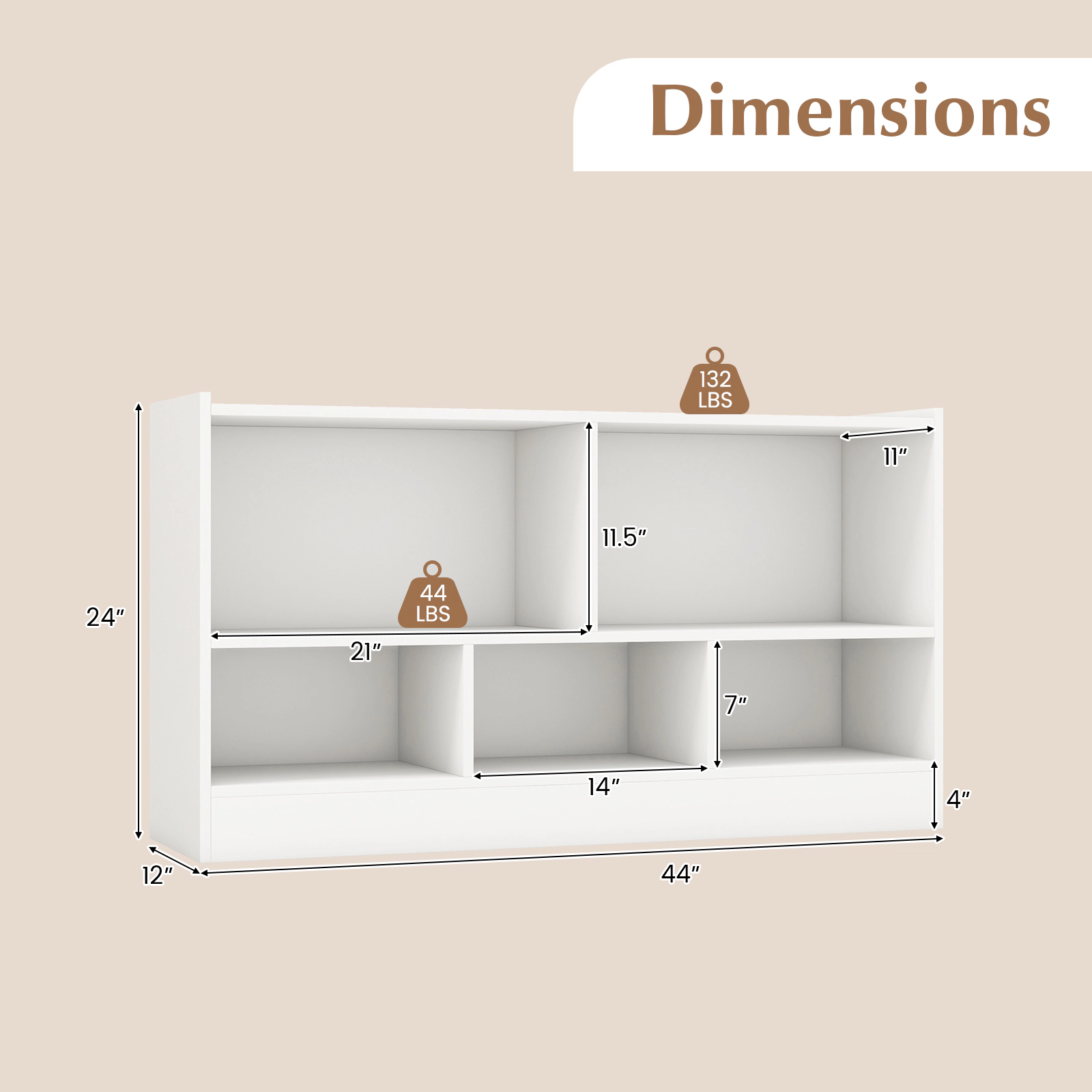 SUGIFT Kids 2-Shelf 5-Cube Wood Toy Storage Bookcase 132-lb Top Capacity 44-in Wide White