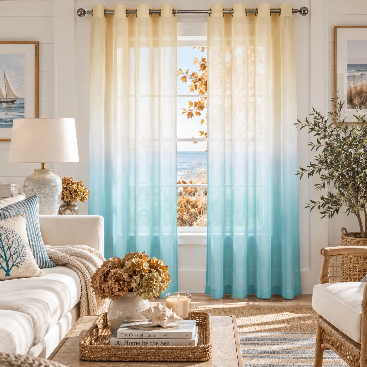 Kate Aurora 2 Piece Blue & Yellow Ombre Summery Sheer Grommet Top Curtain Panels - 84 in. Long